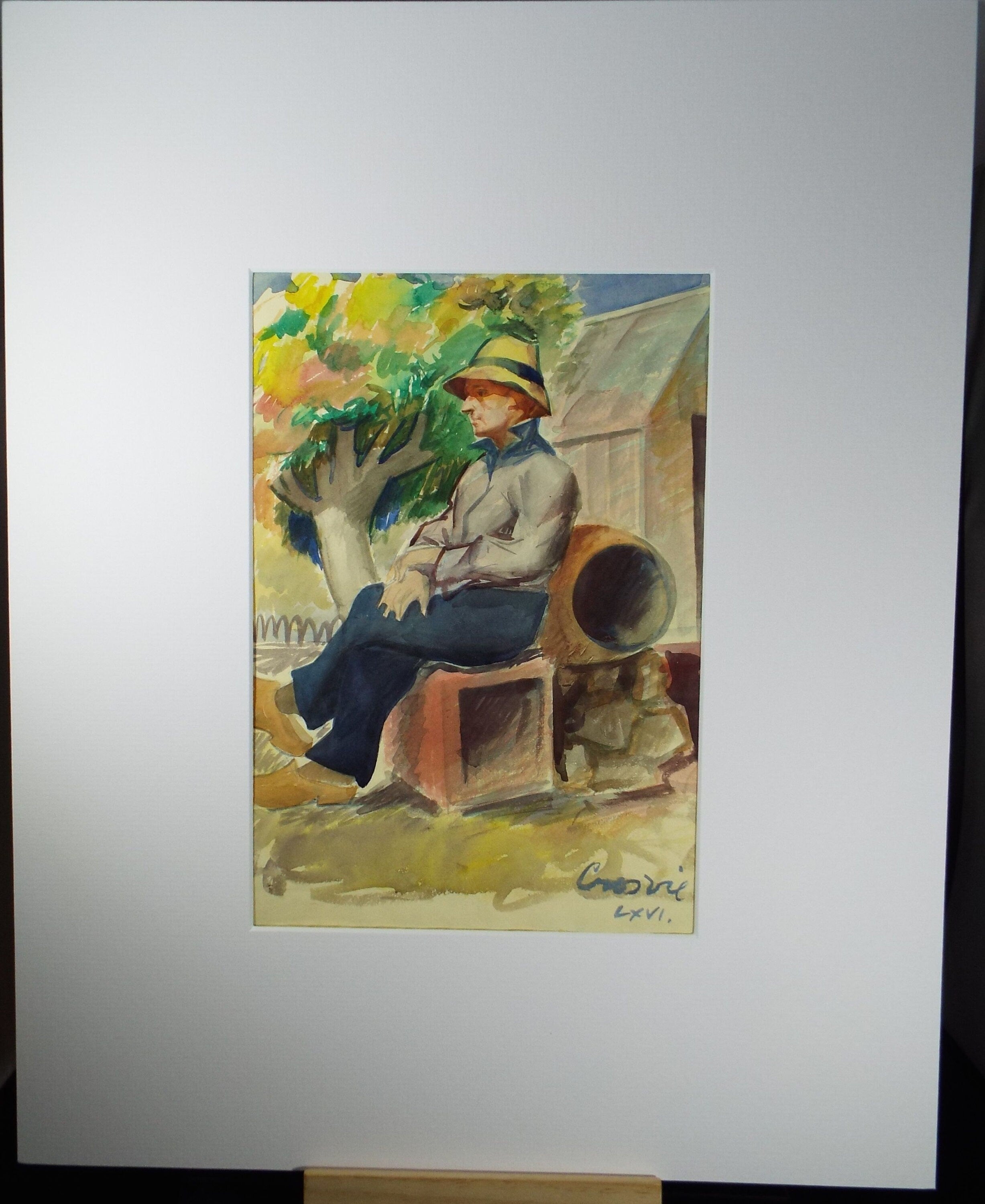 Original Watercolour, 'Seated figure by the Potting Shed', William Crosbie RSA, RGI (1915-1999), Dated 1966