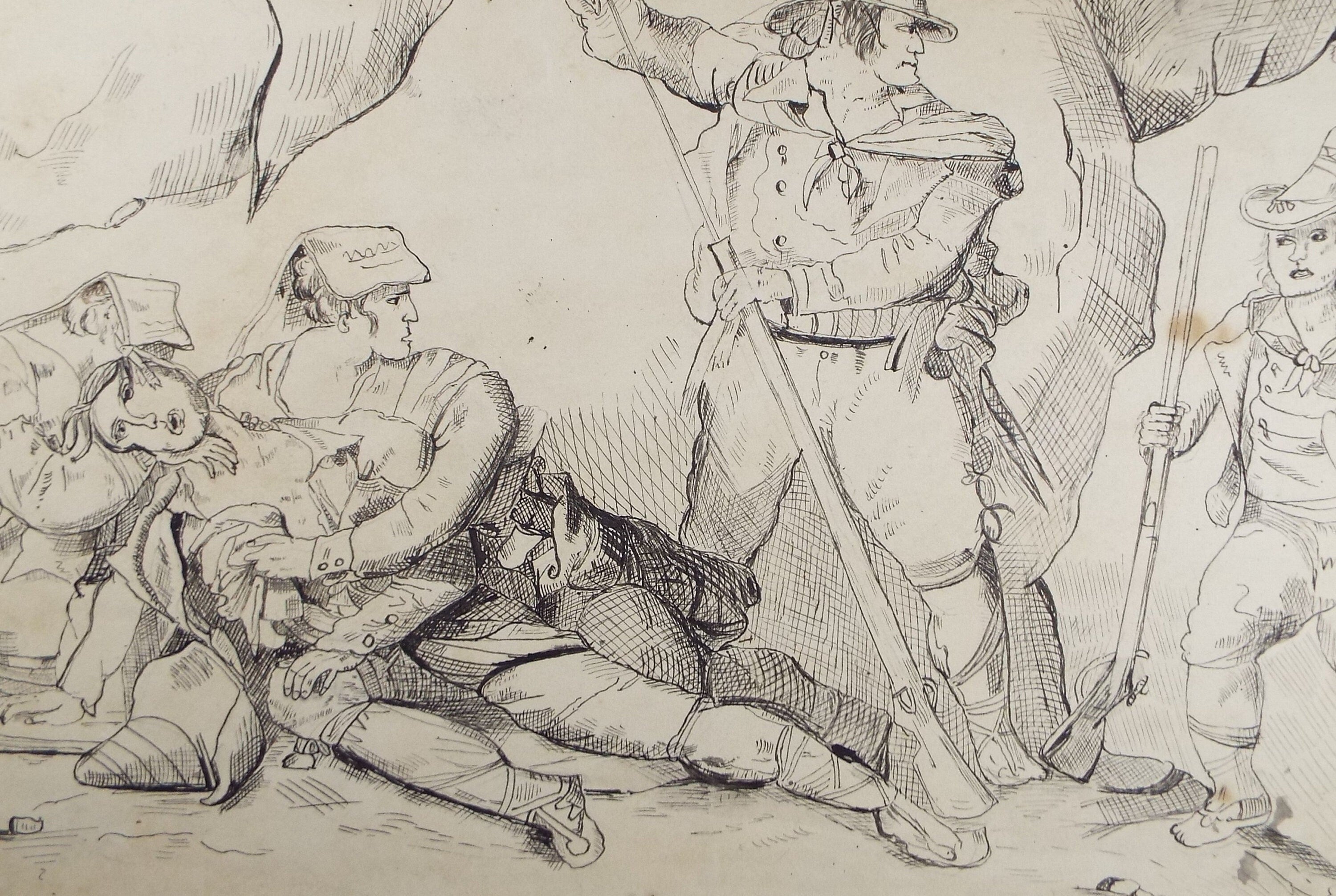 Original Pen and  Ink Sketch  'Brigands attacked by the Army', dated 1851, Artist Unknown