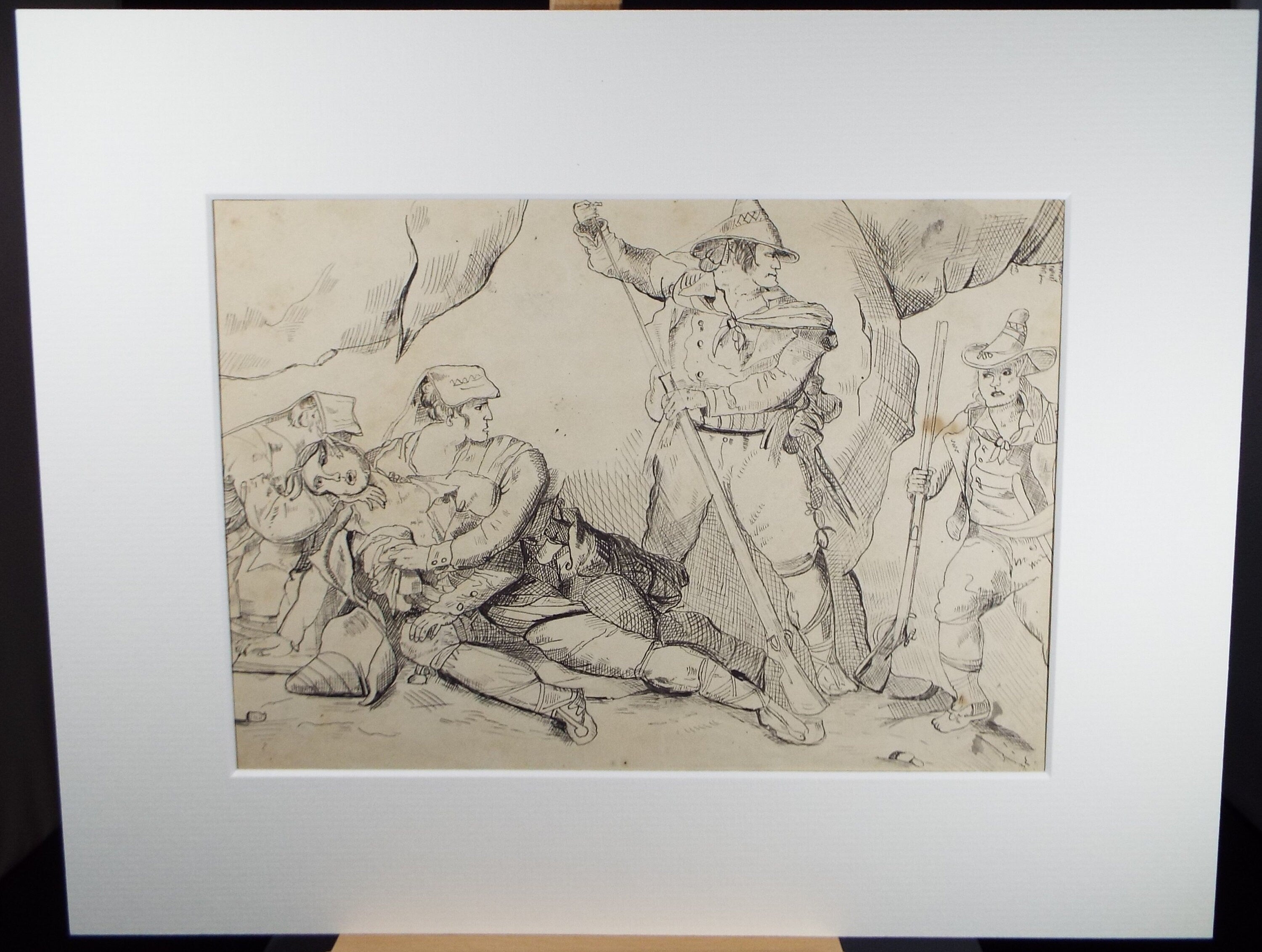 Original Pen and  Ink Sketch  'Brigands attacked by the Army', dated 1851, Artist Unknown