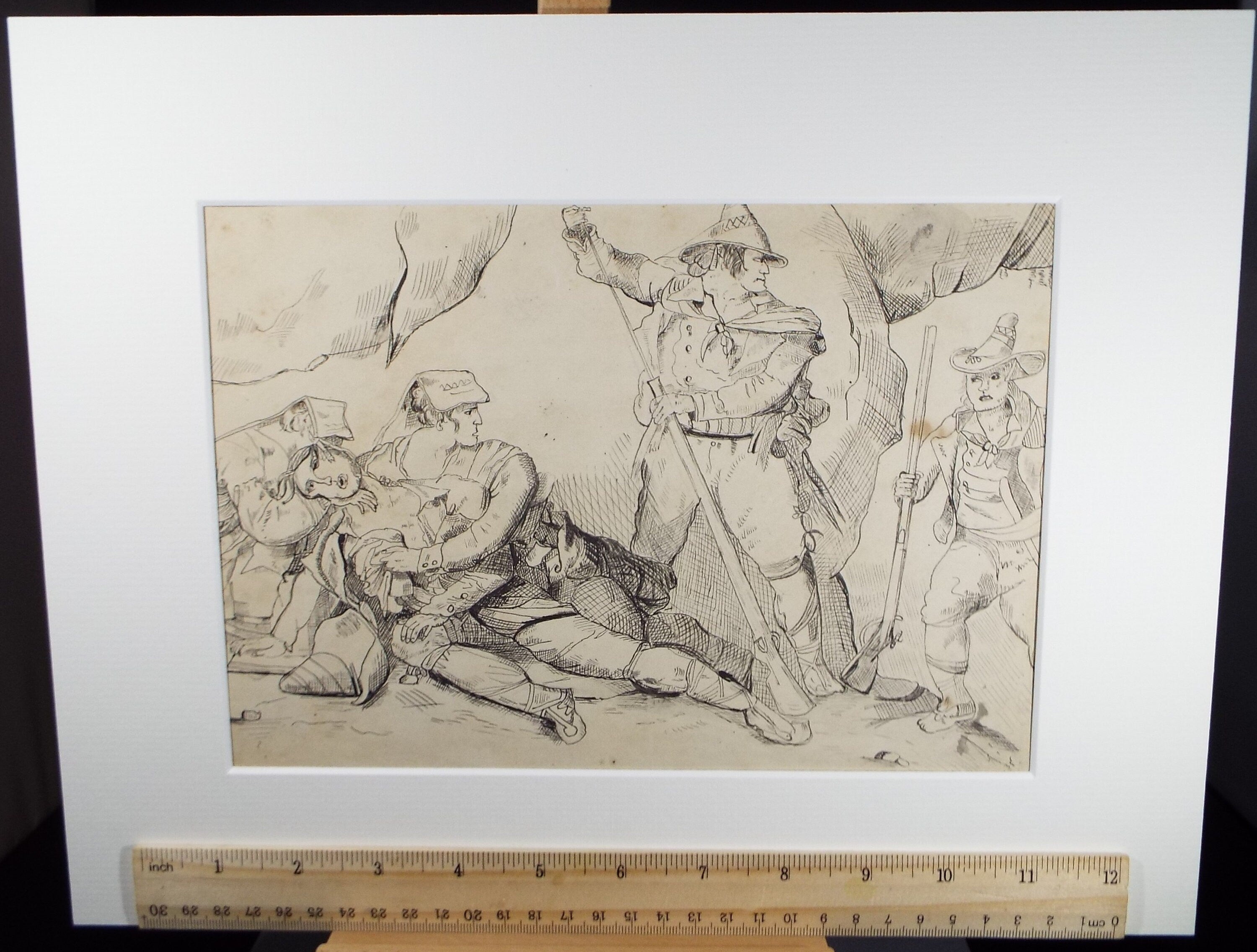 Original Pen and  Ink Sketch  'Brigands attacked by the Army', dated 1851, Artist Unknown