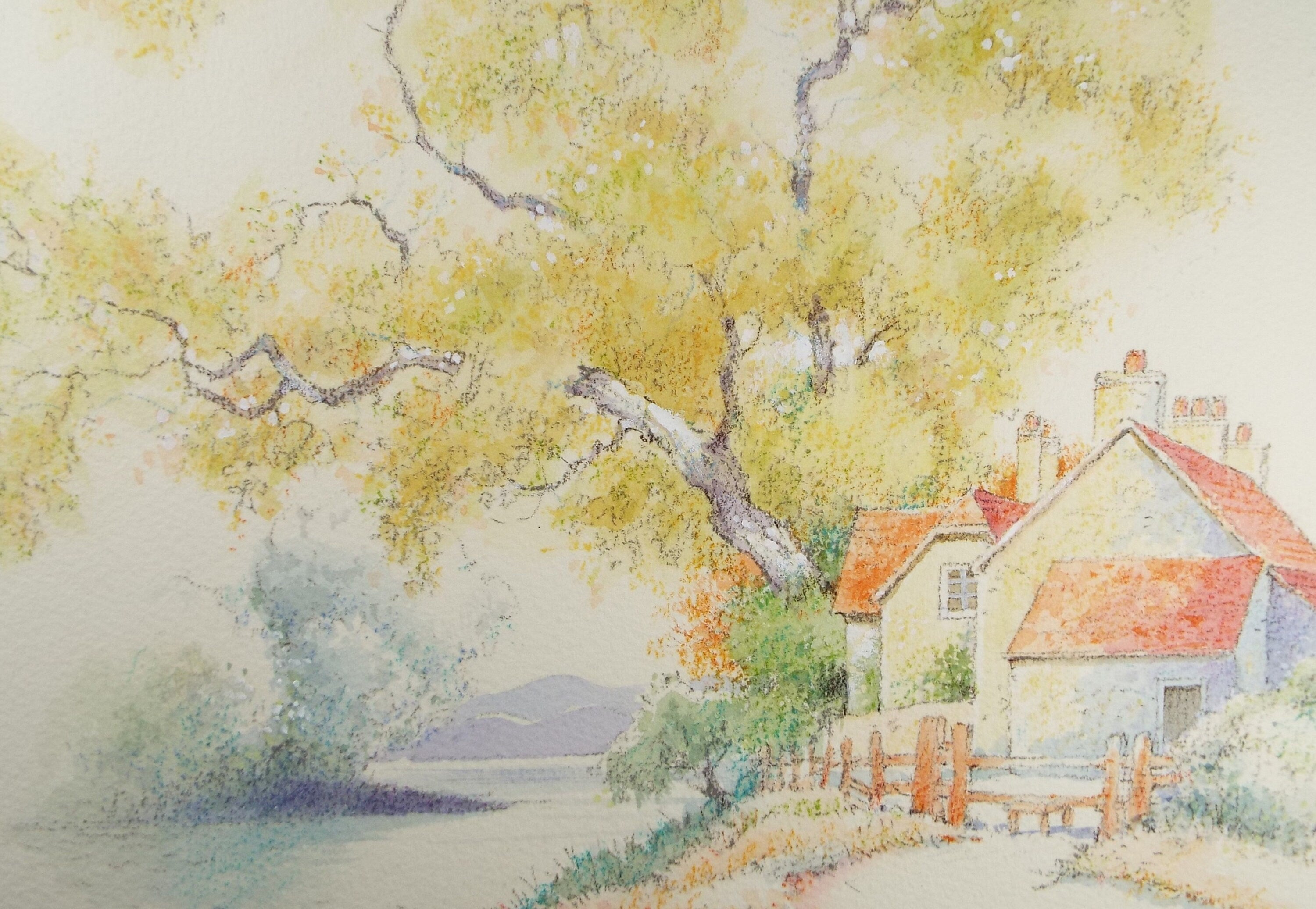 Original pastel drawing, 'Cottage by the River', Circa 1970's, Unknown Artist