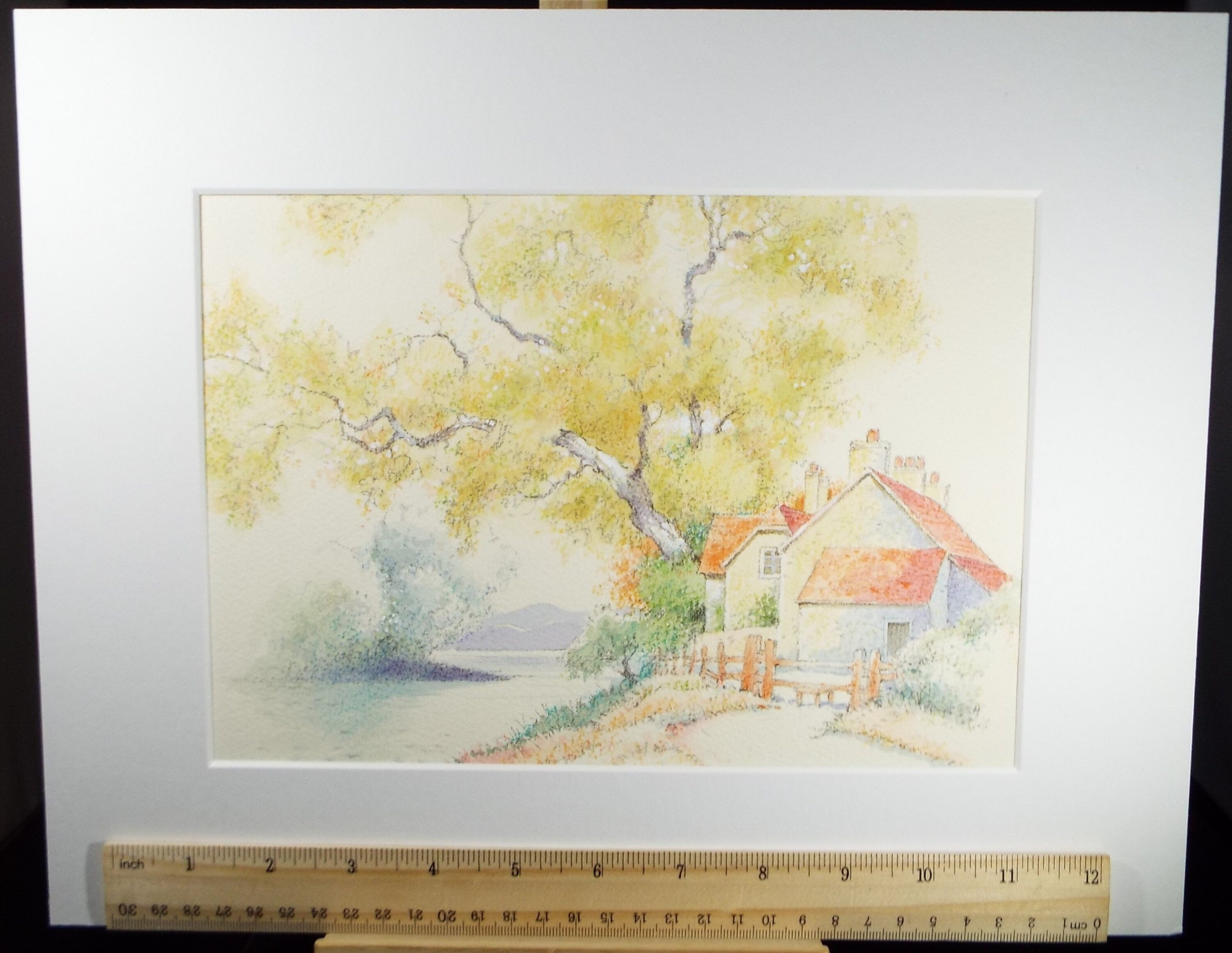 Original pastel drawing, 'Cottage by the River', Circa 1970's, Unknown Artist