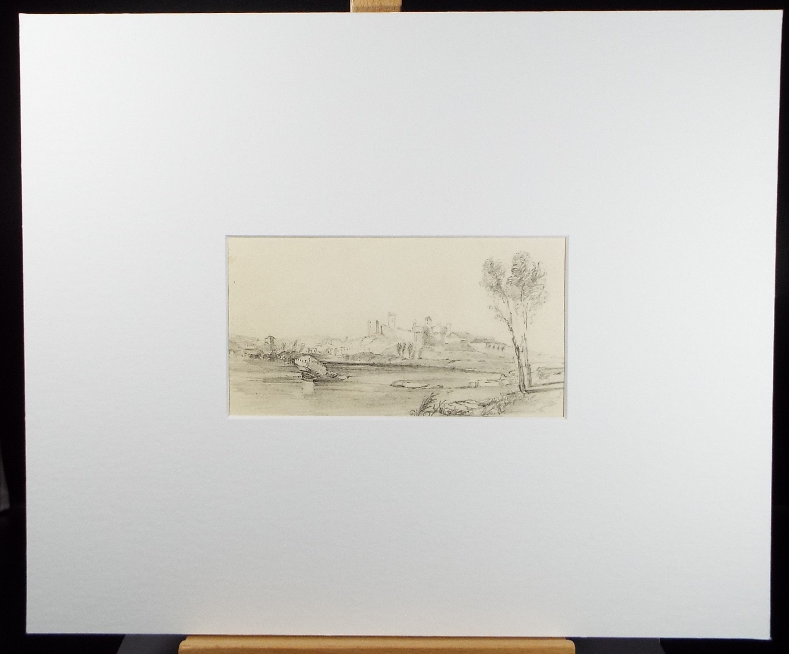 Original Pencil drawing, 'Hilltop Ruins', Unknown Artist - Mid 19th Century