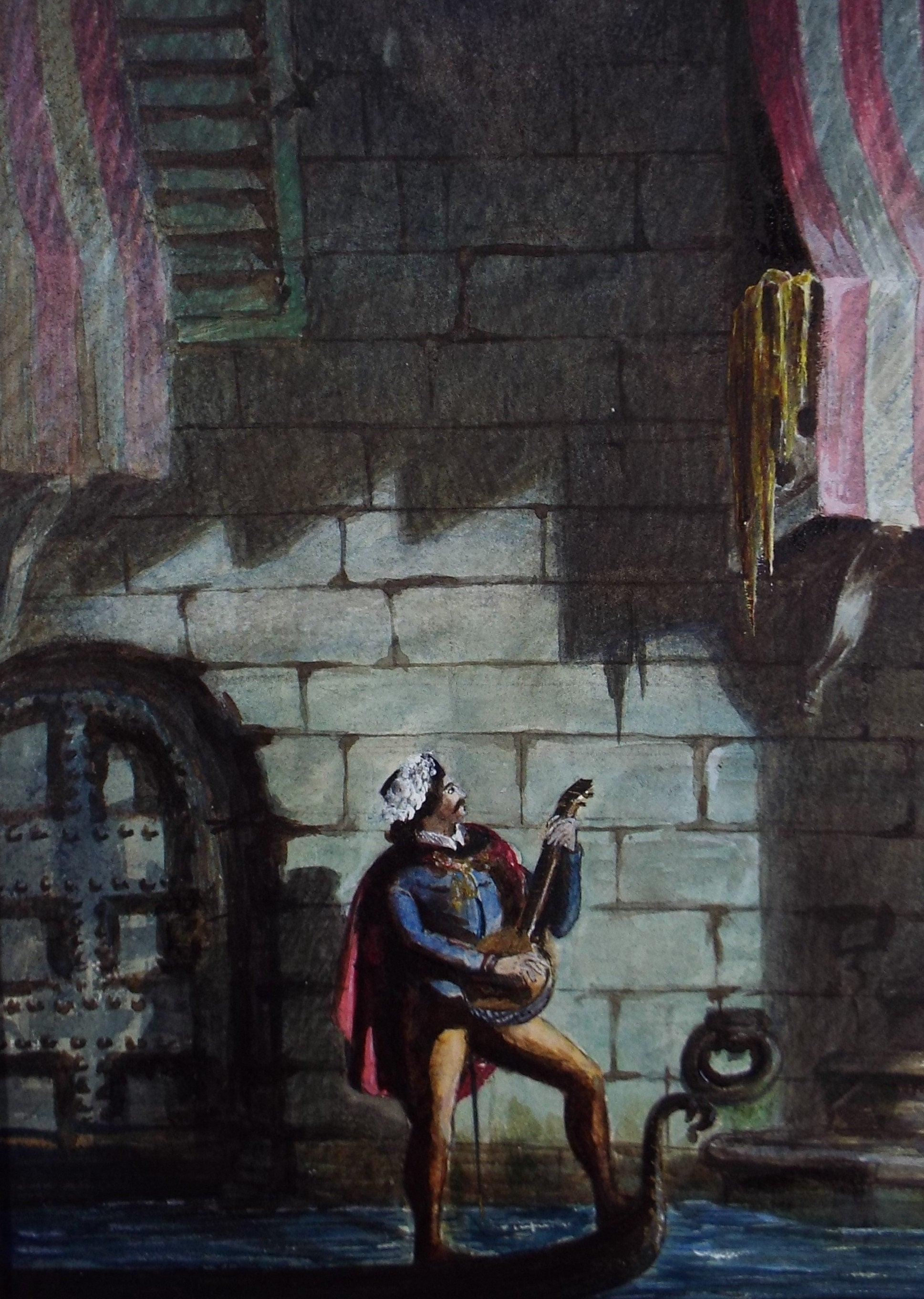 Original Watercolour, 'Balcony Serenade', Late 19th Century, Artist Unknown