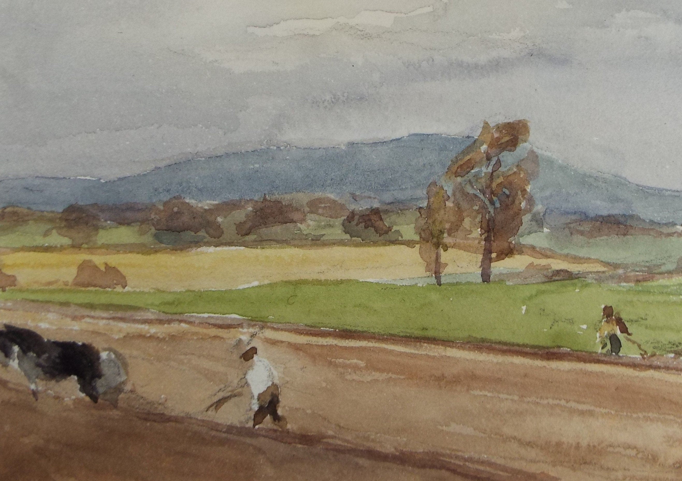 Original Watercolour on Paper,'Autumn ploughing', Circa 1930's , Artist Unknown