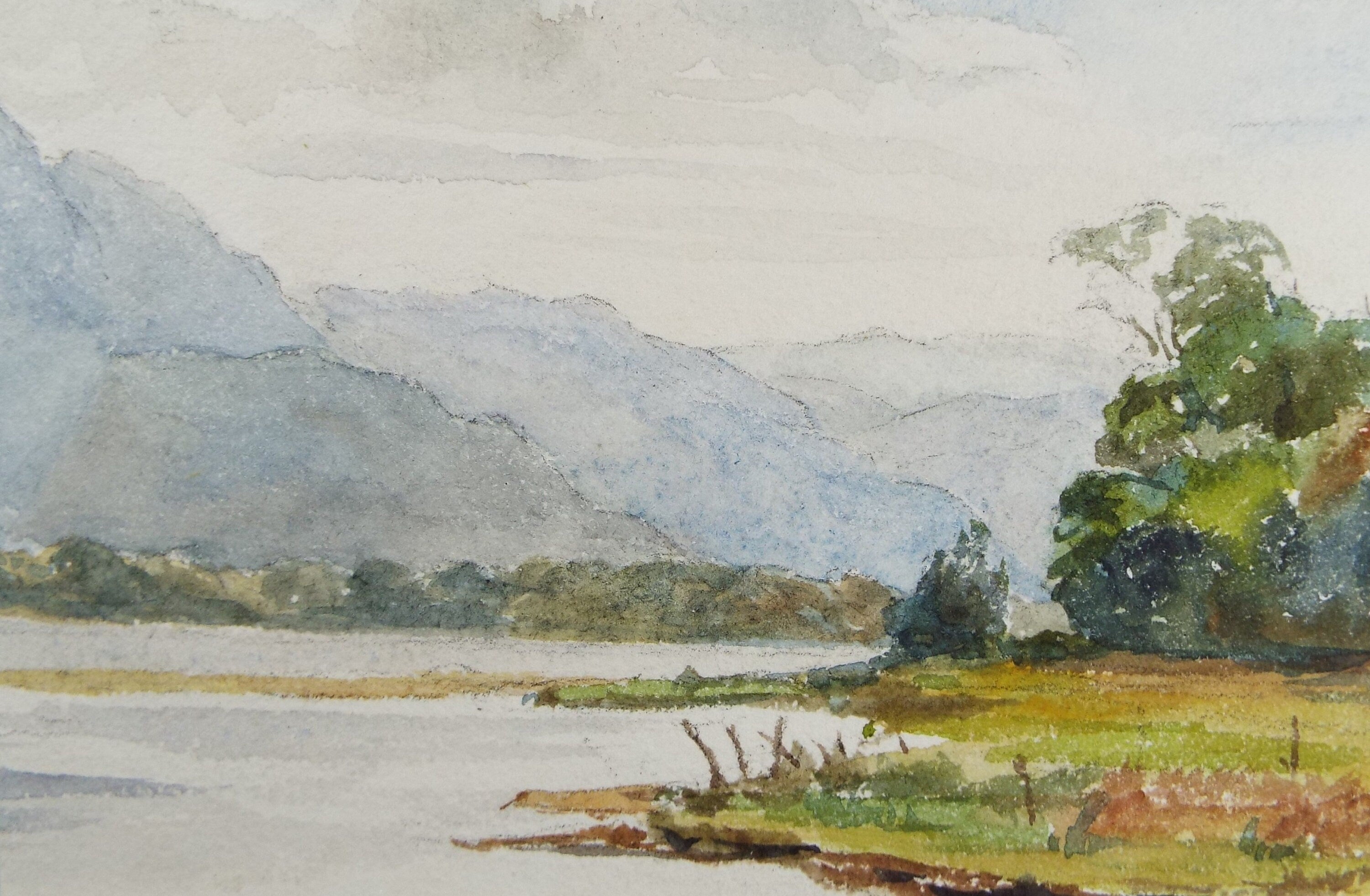 Original Watercolour on Paper,'Lake with Distant Mountains', Circa 1930's , Artist Unknown