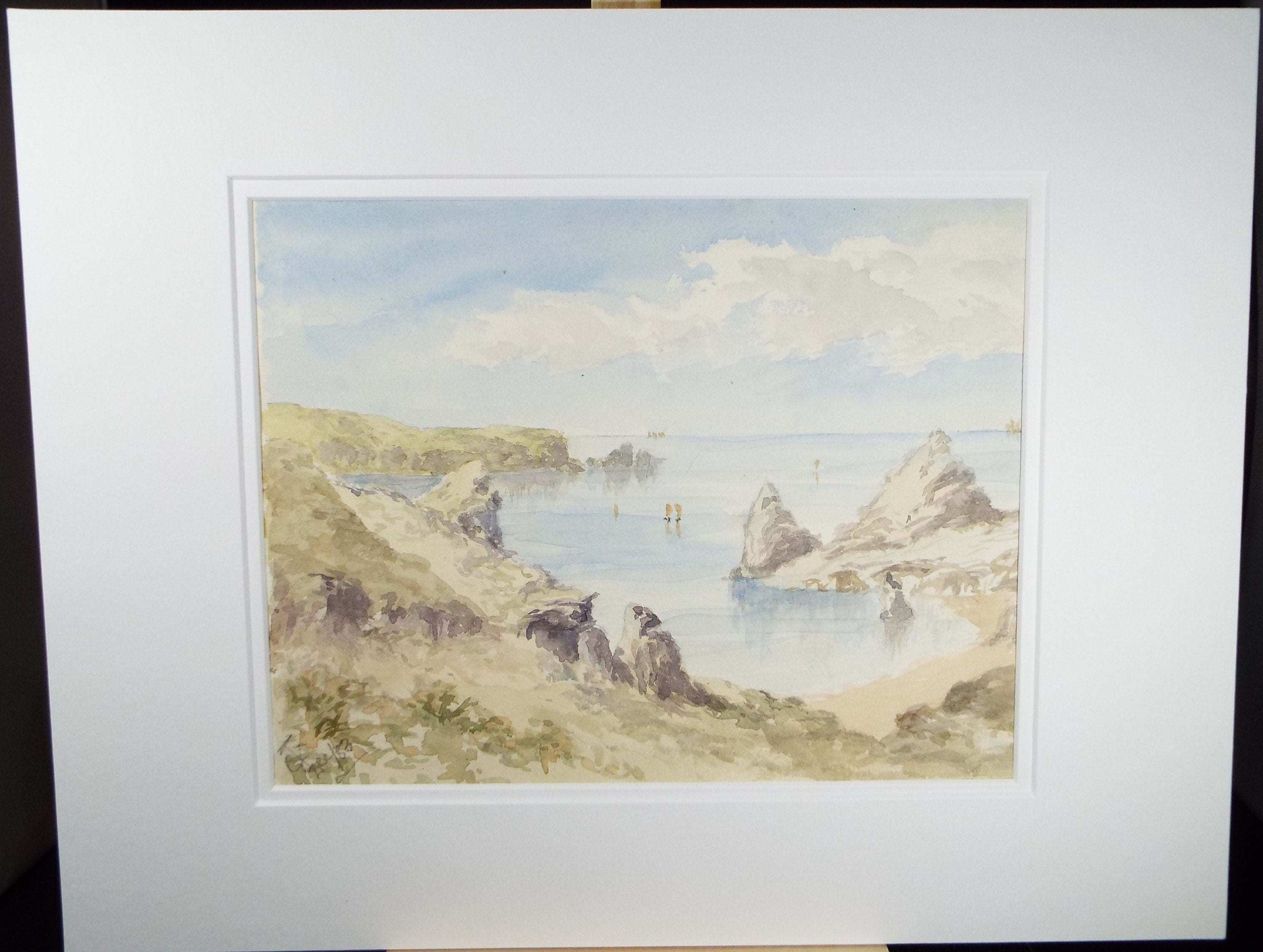 Original Watercolour, 'Rocky bay with Boats' , dated 1883, Monogram TCF