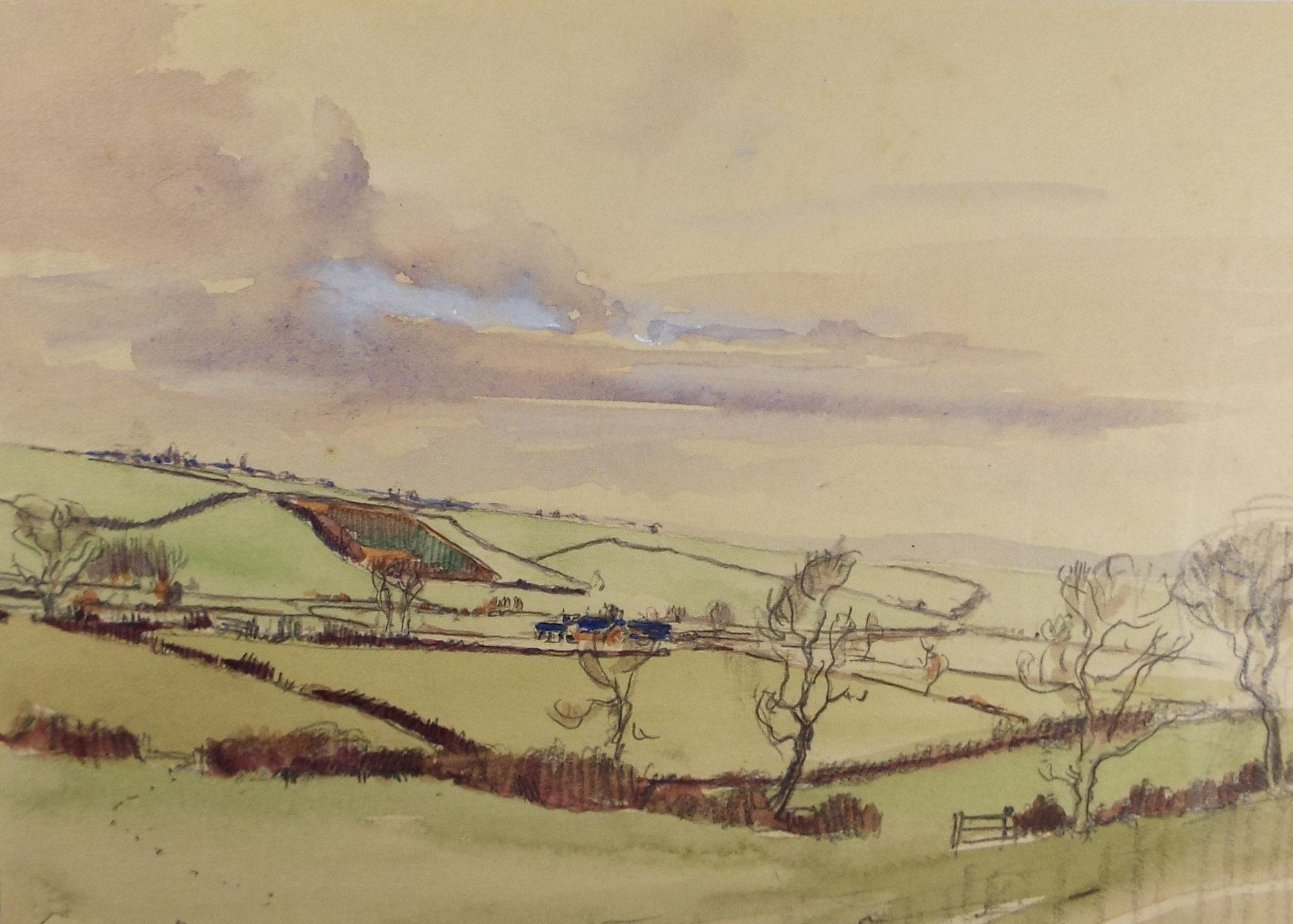 Original Watercolour Sketch, Michael Lyne (1912-1989), 'Green Fields and Hedgerows', Mid 20th Century