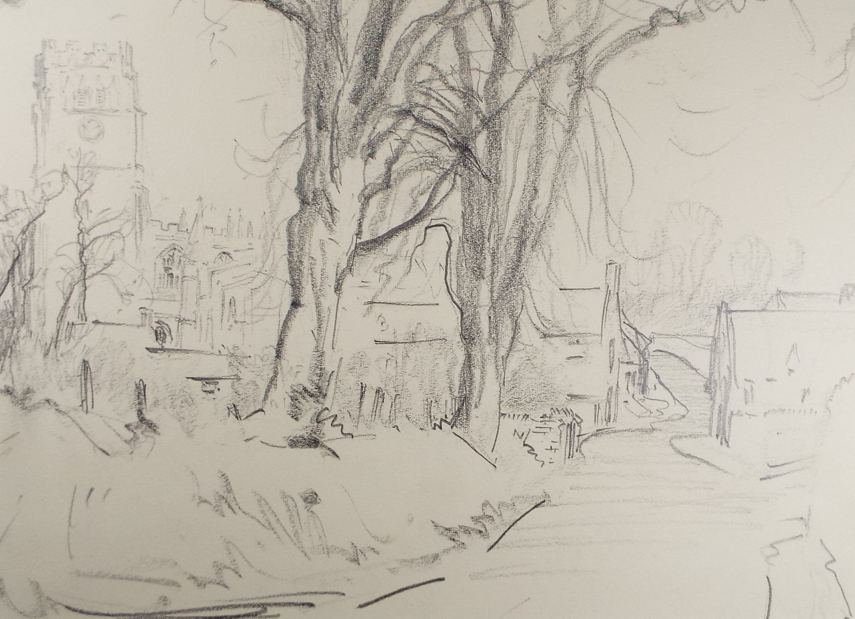 Original Pencil Sketch, Michael Lyne (1912-1989), 'Village Scene with Church', Mid 20th Century