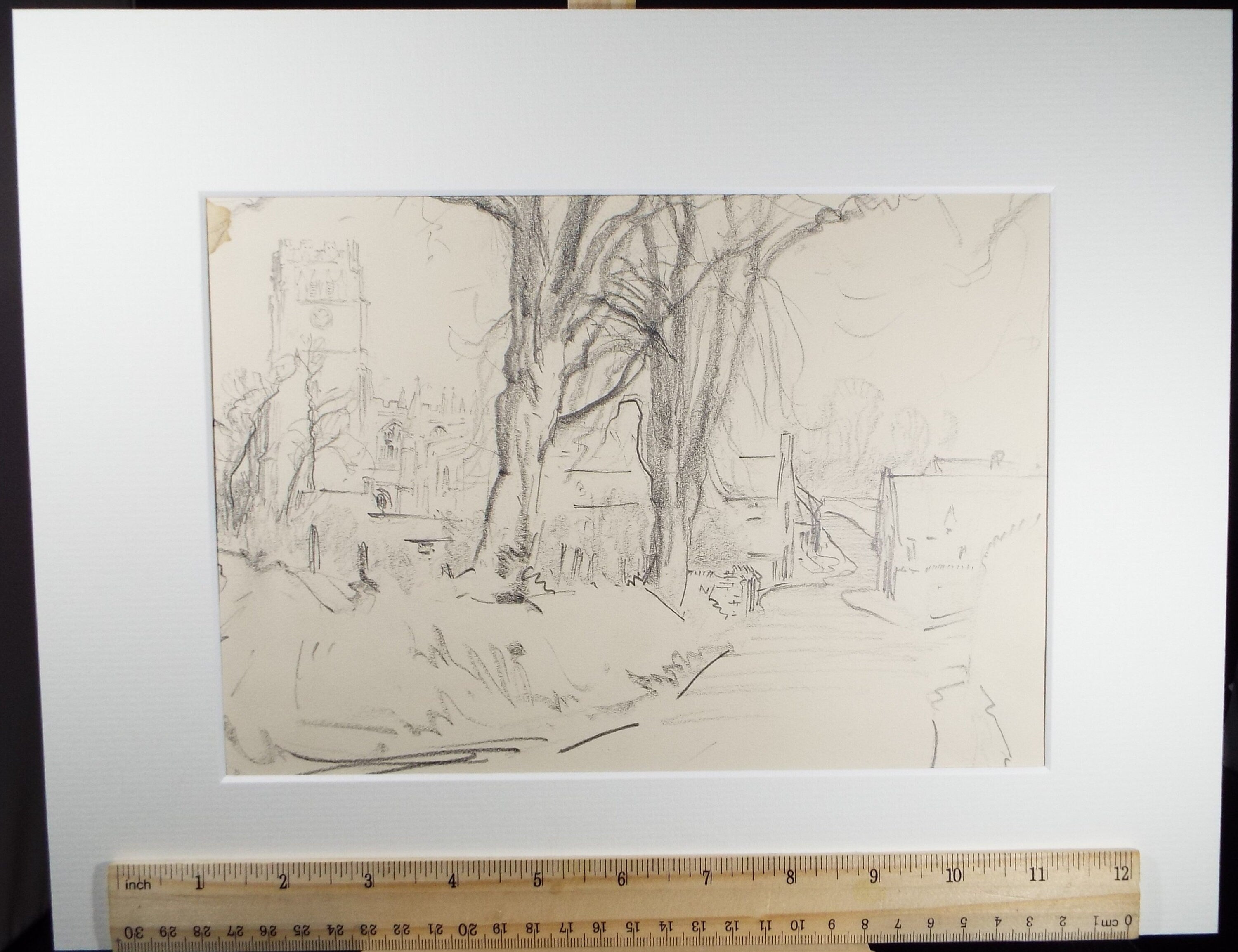 Original Pencil Sketch, Michael Lyne (1912-1989), 'Village Scene with Church', Mid 20th Century