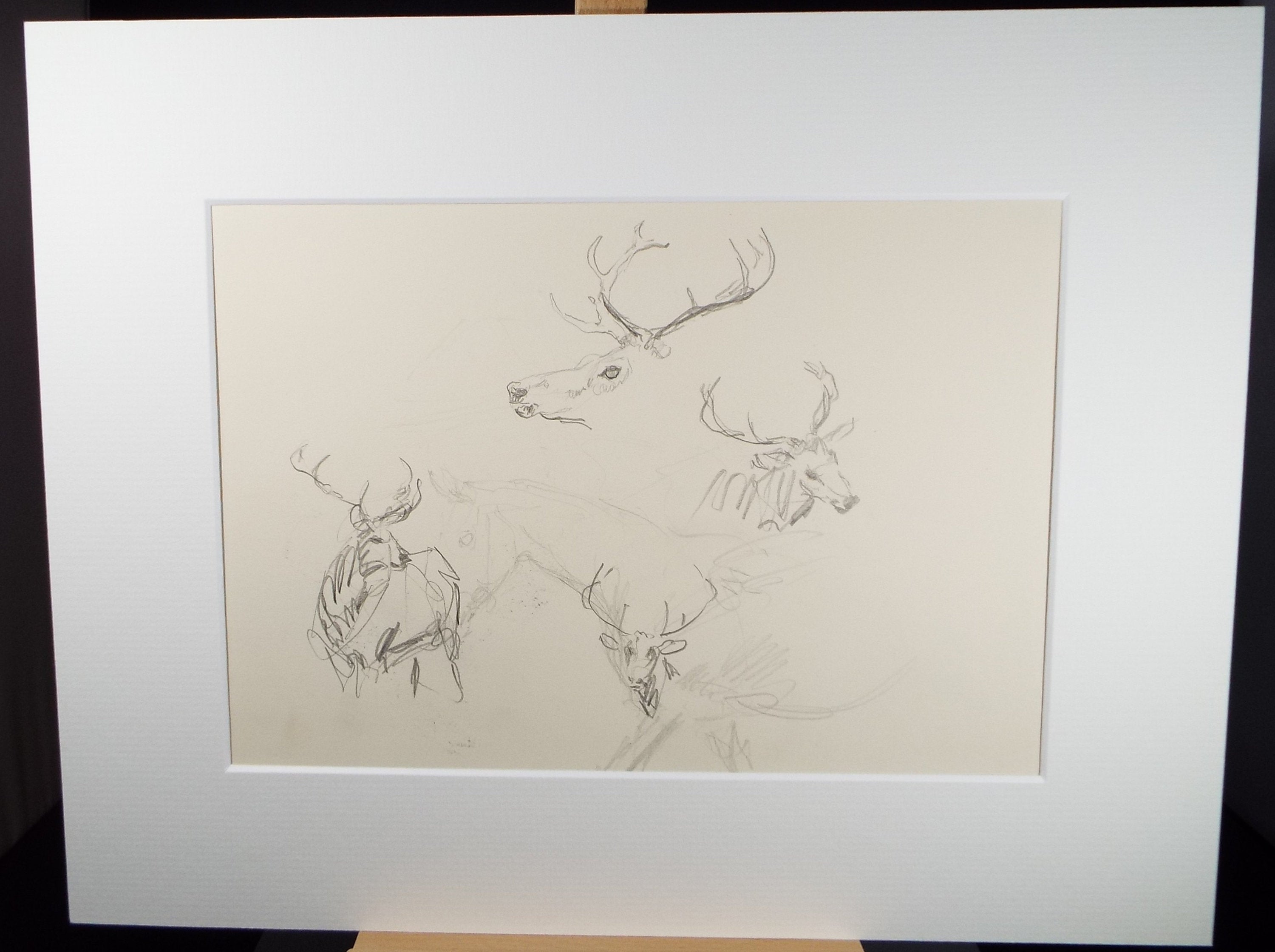 Original Pencil Sketch, Michael Lyne (1912-1989),'Study of Stags', Mid 20th Century