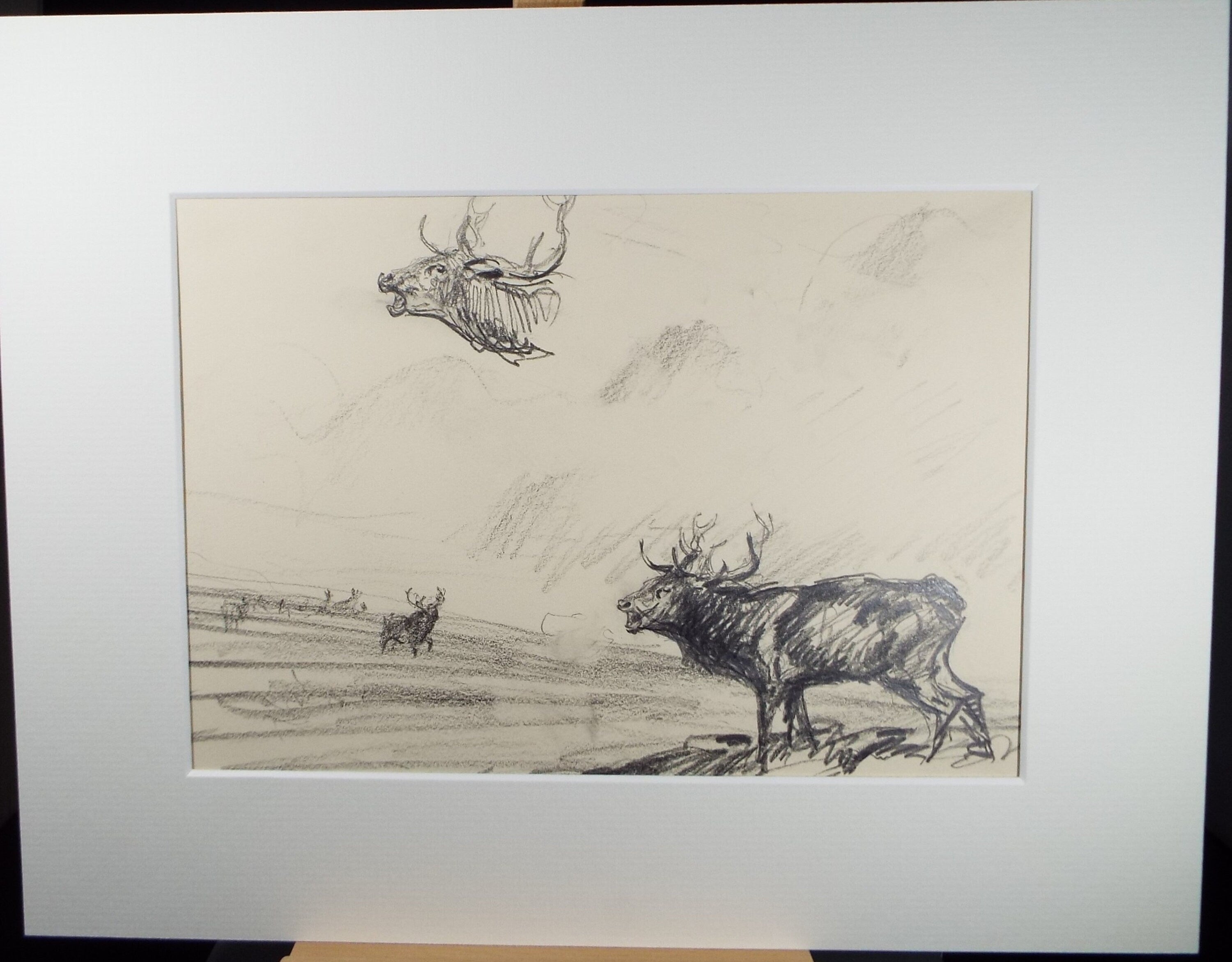 Original Pencil Sketch, Michael Lyne (1912-1989),'Stags on the Moor, Mid 20th Century