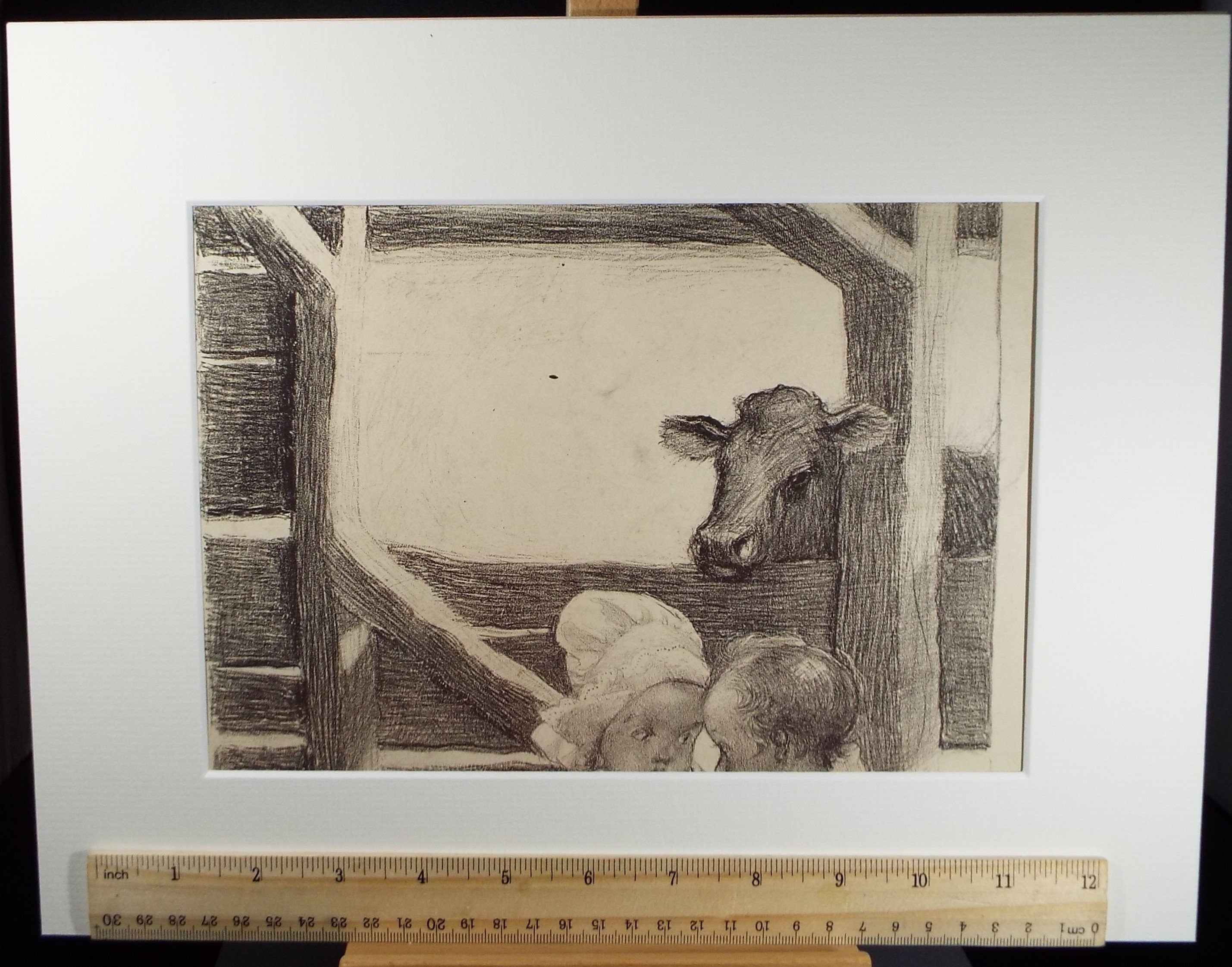 Original Pencil Drawing, 'Two children and a Cow', Susan Beatrice Pearce (1878-1980), Circa 1910