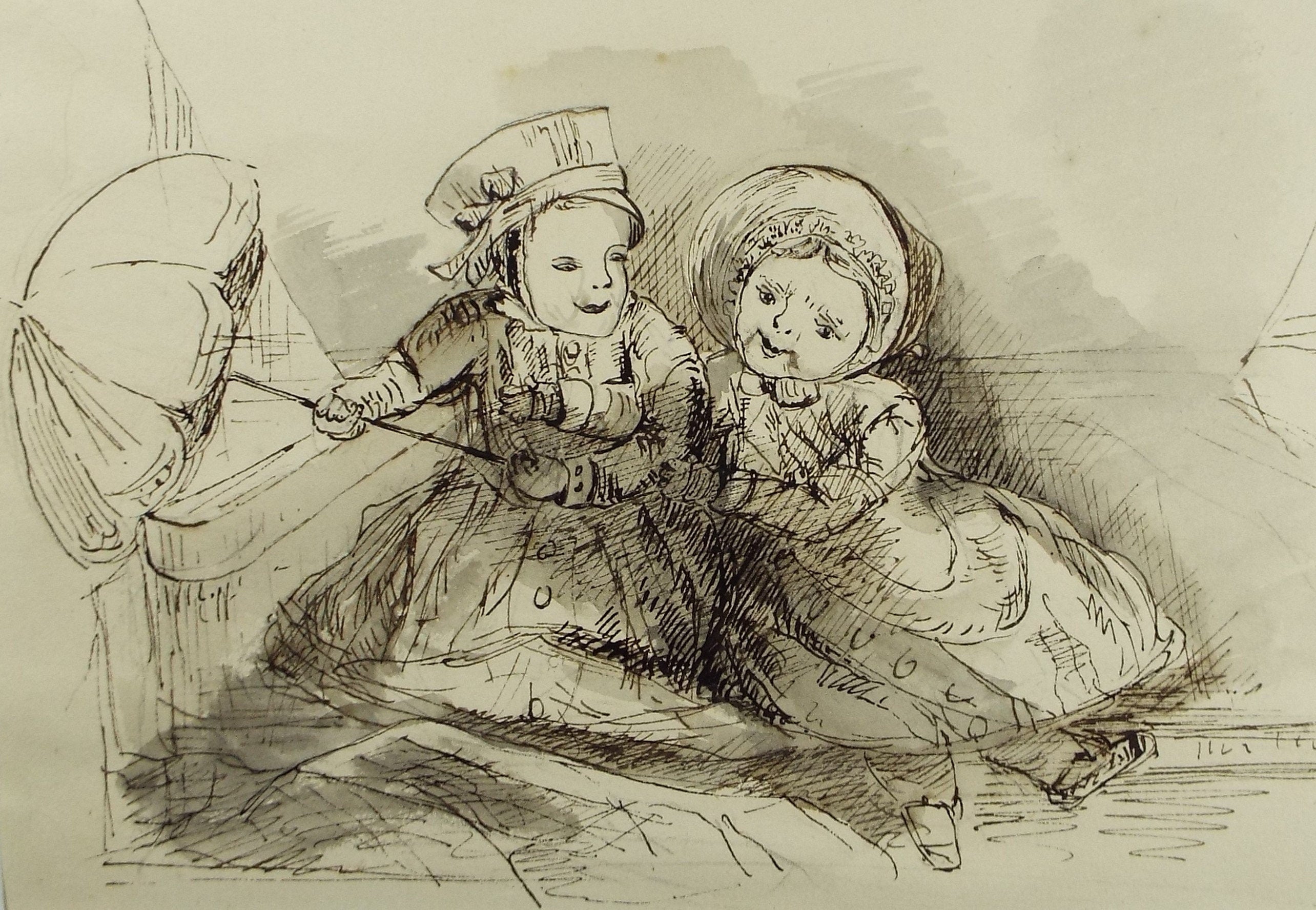 Original Pen & Ink Drawing, 'Charlie holding a parasol to shade Alice', Mid 19th Century, Artist Unknown