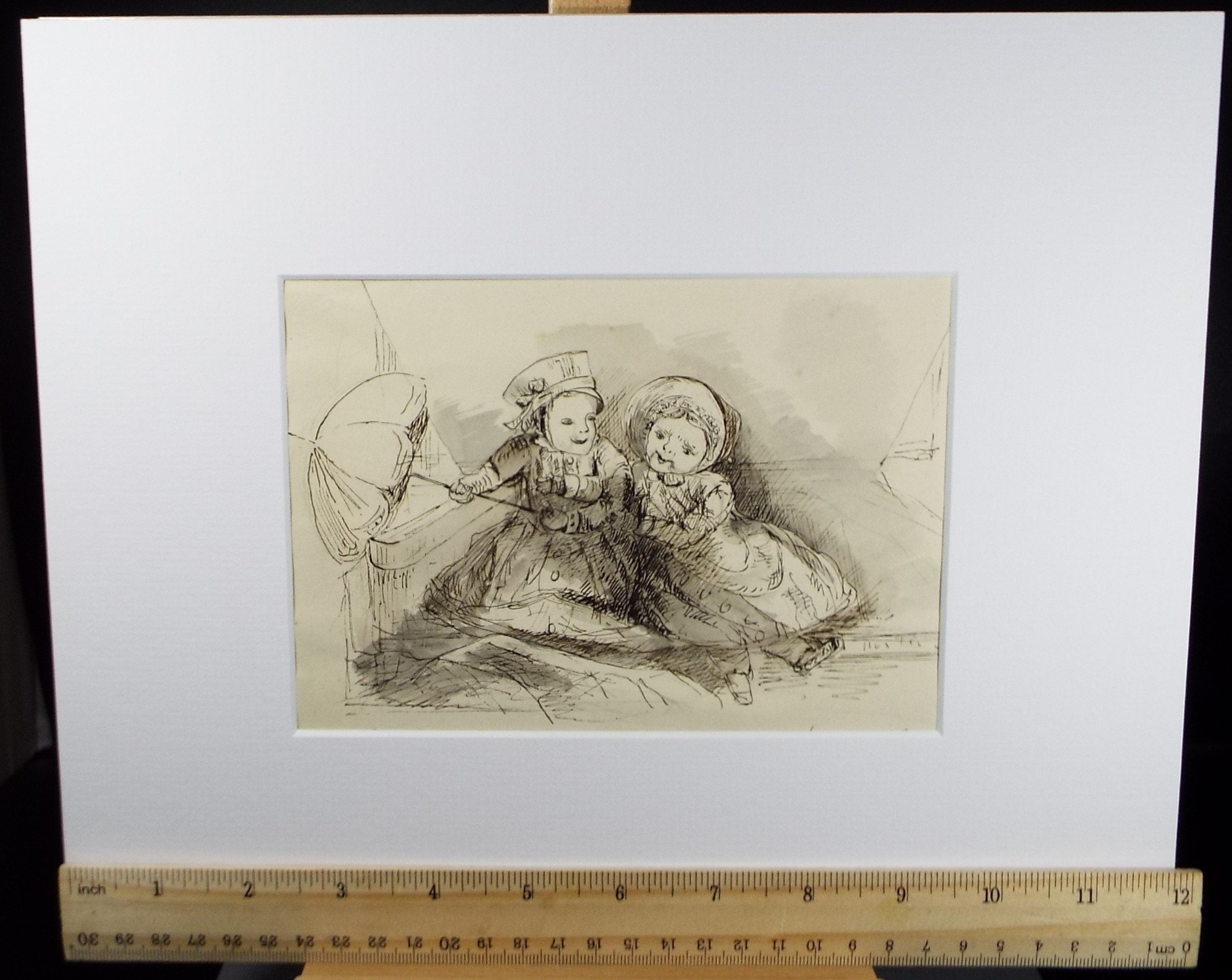 Original Pen & Ink Drawing, 'Charlie holding a parasol to shade Alice', Mid 19th Century, Artist Unknown