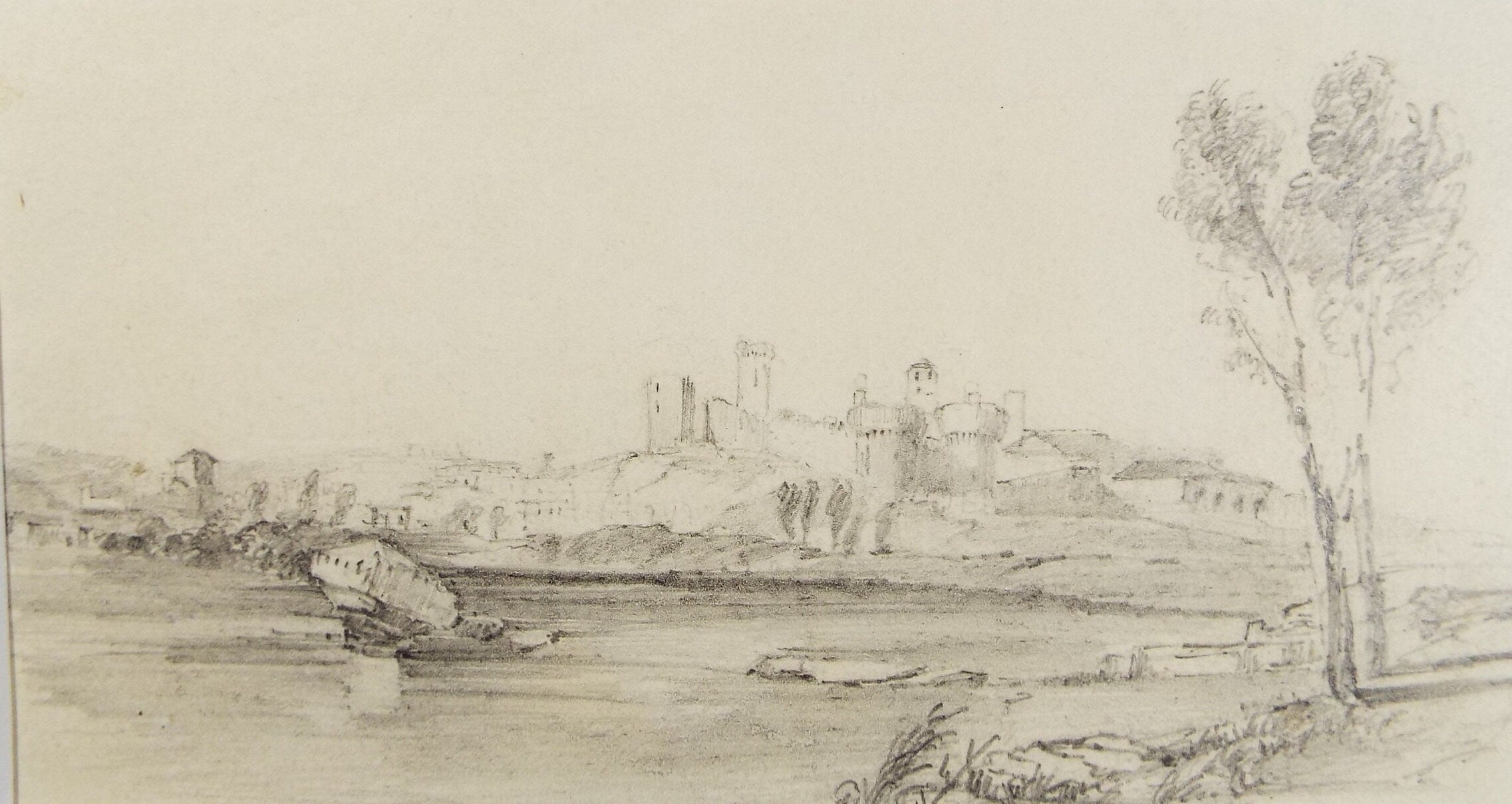 Original Pencil drawing, 'Hilltop Ruins', Unknown Artist - Mid 19th Century