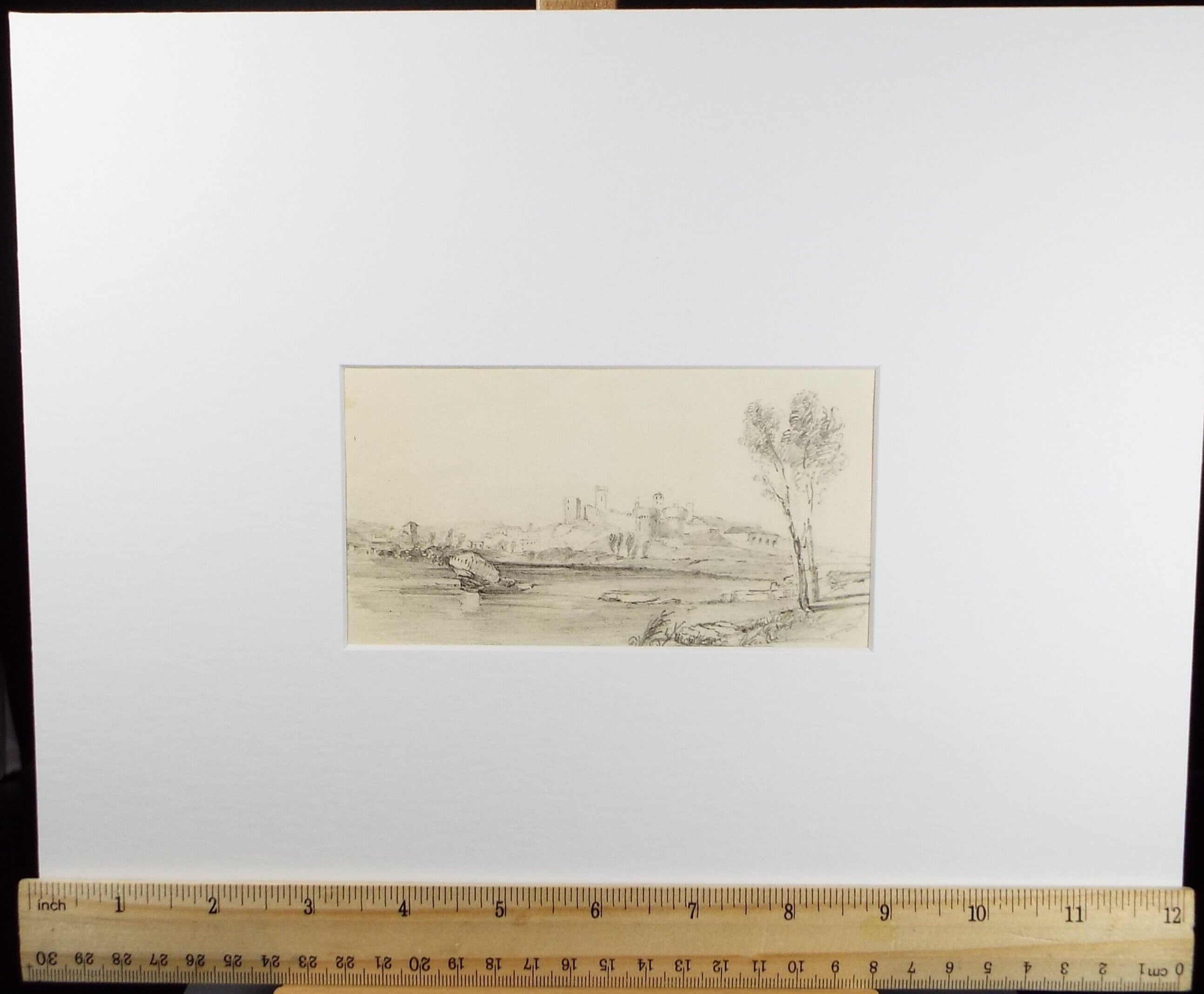 Original Pencil drawing, 'Hilltop Ruins', Unknown Artist - Mid 19th Century