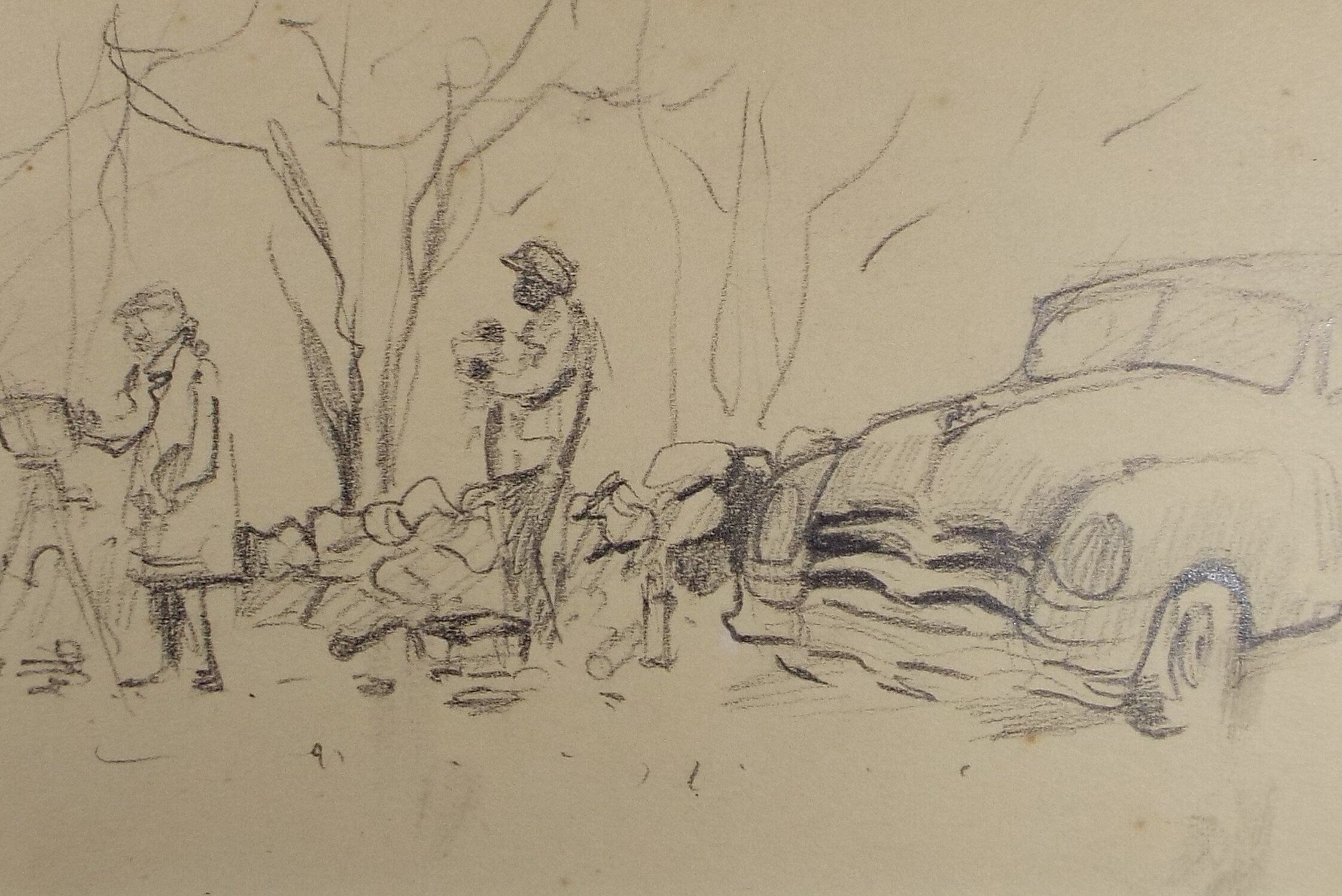 Original Pencil Sketch, Michael Lyne (1912-1989),' Figures with Plymouth Special', Mid 20th Century