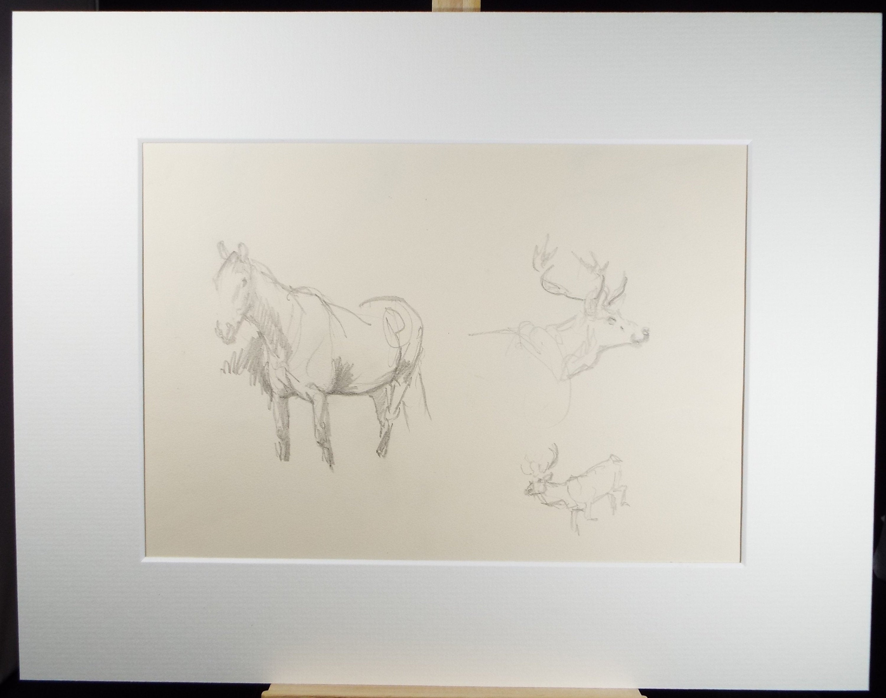 Original Pencil Sketch, Michael Lyne (1912-1989), 'Horse and Stag Study, Mid 20th Century