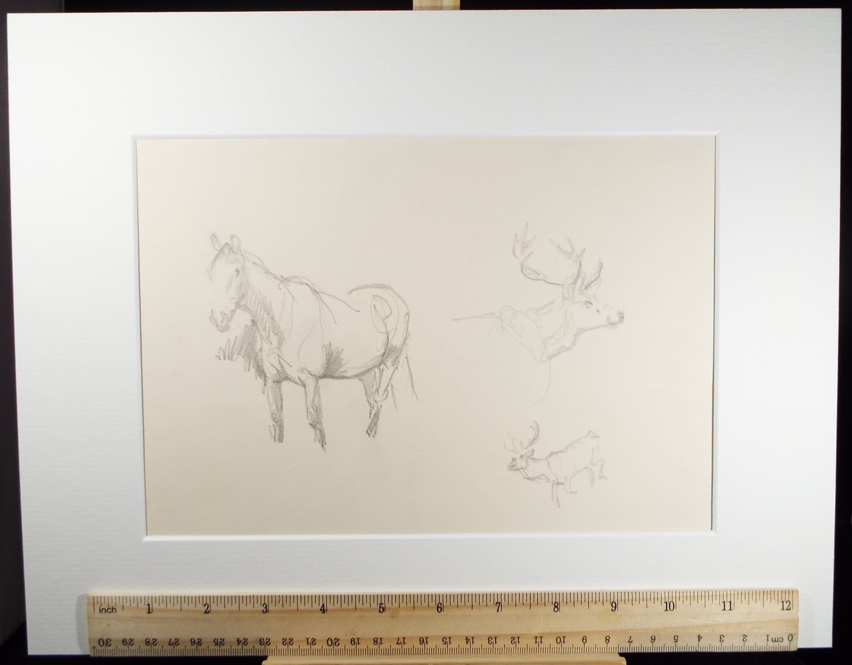 Original Pencil Sketch, Michael Lyne (1912-1989), 'Horse and Stag Study, Mid 20th Century