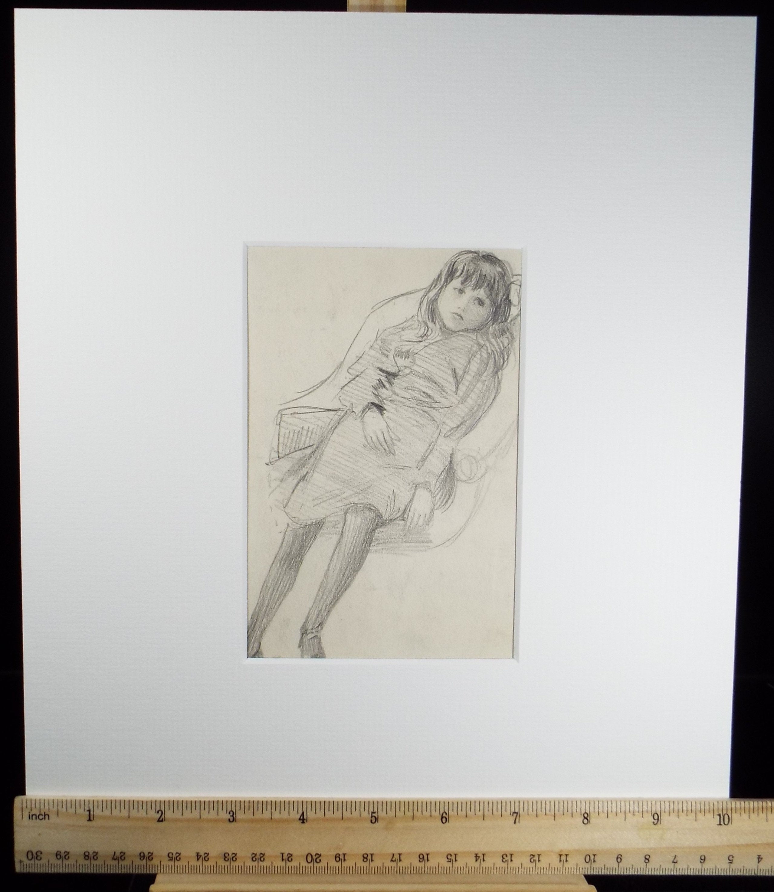 Original pencil sketch, 'Melancholy Girl ', Susan Beatrice Pearce (1878-1980), Circa 1910