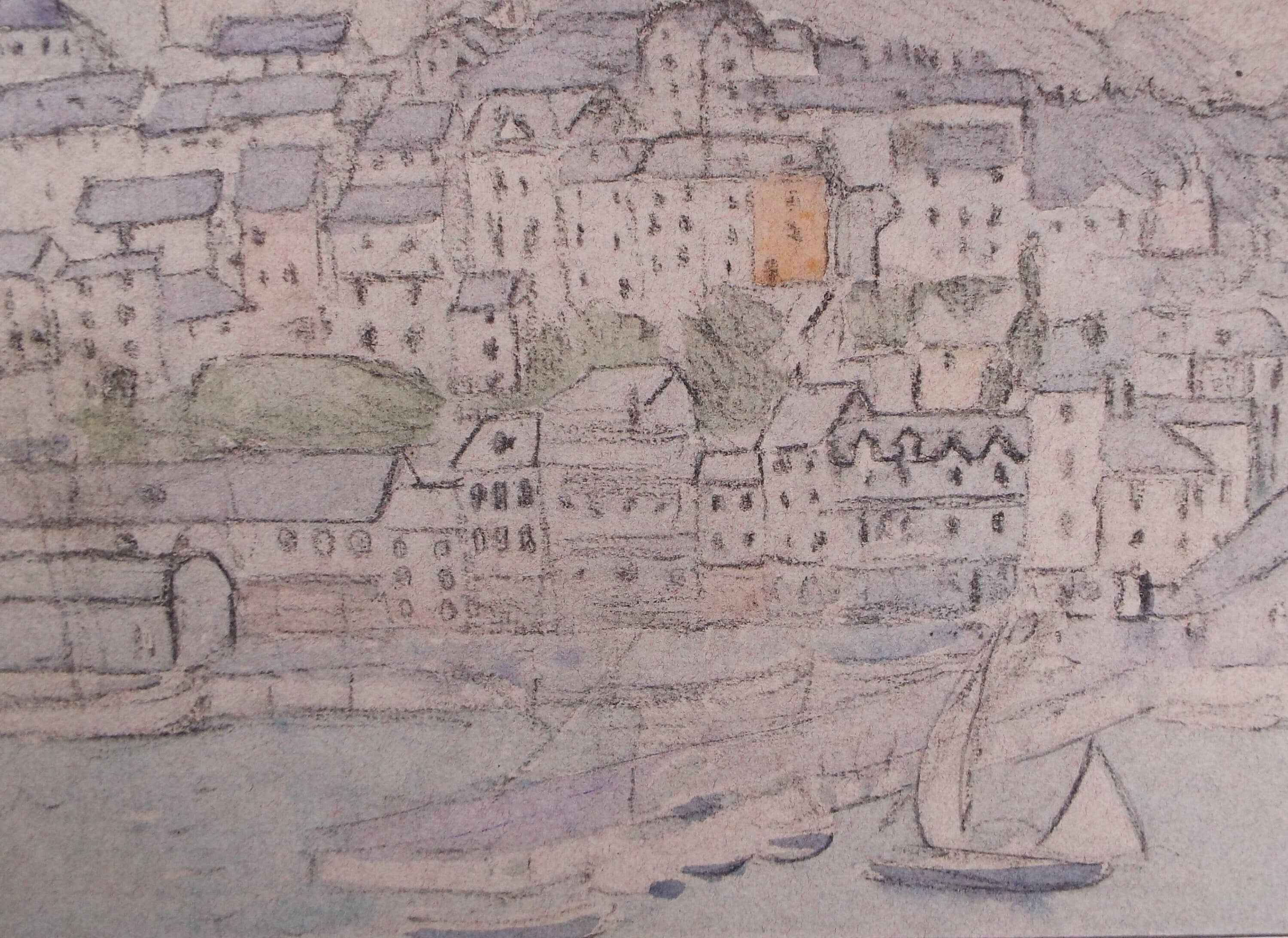 Original pencil sketch, 'Fishing Village', Susan Beatrice Pearce (1878-1980), Circa 1910