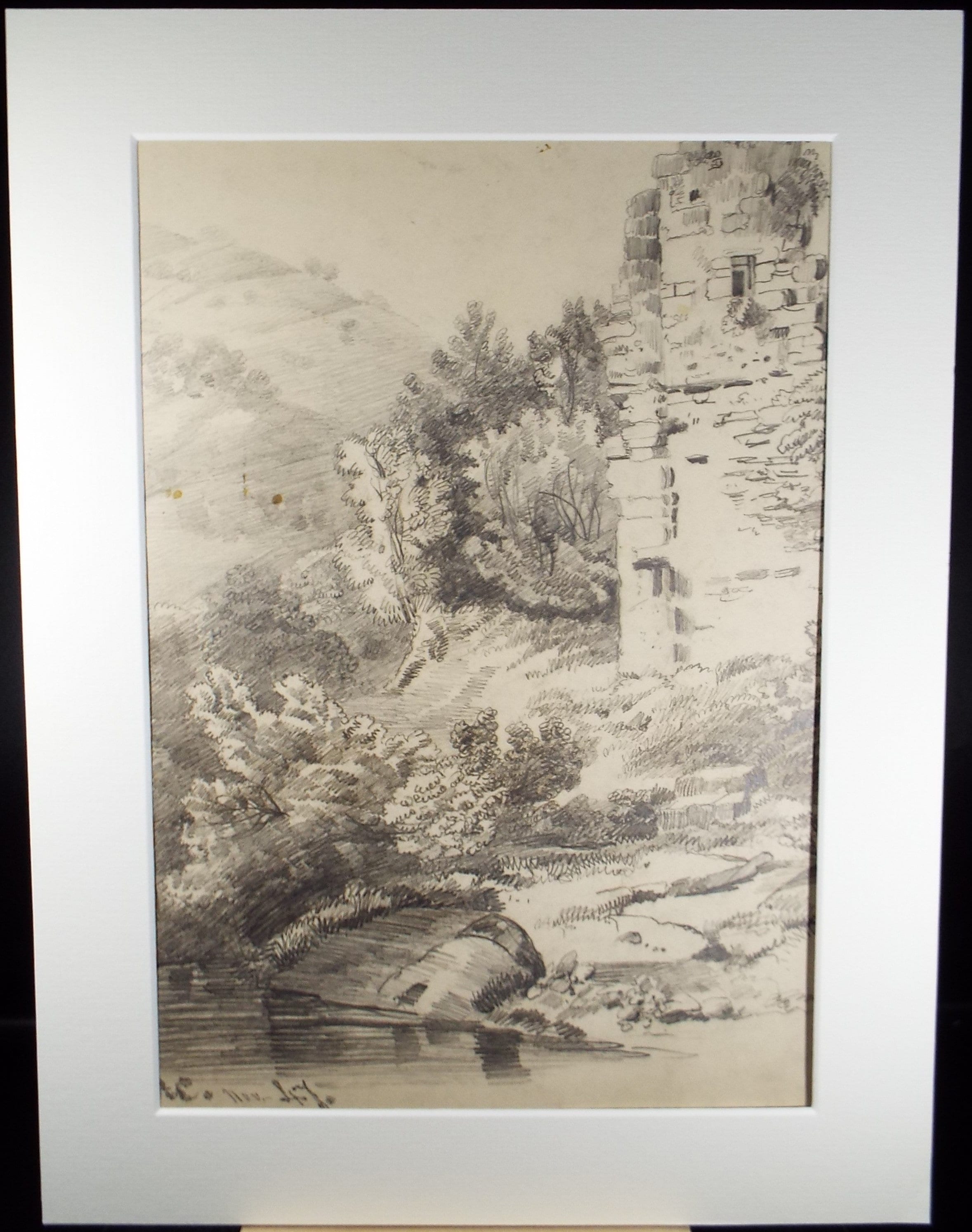 Original Pencil drawing , 'Landscape with Ruin', Dated 1847, artist unknown