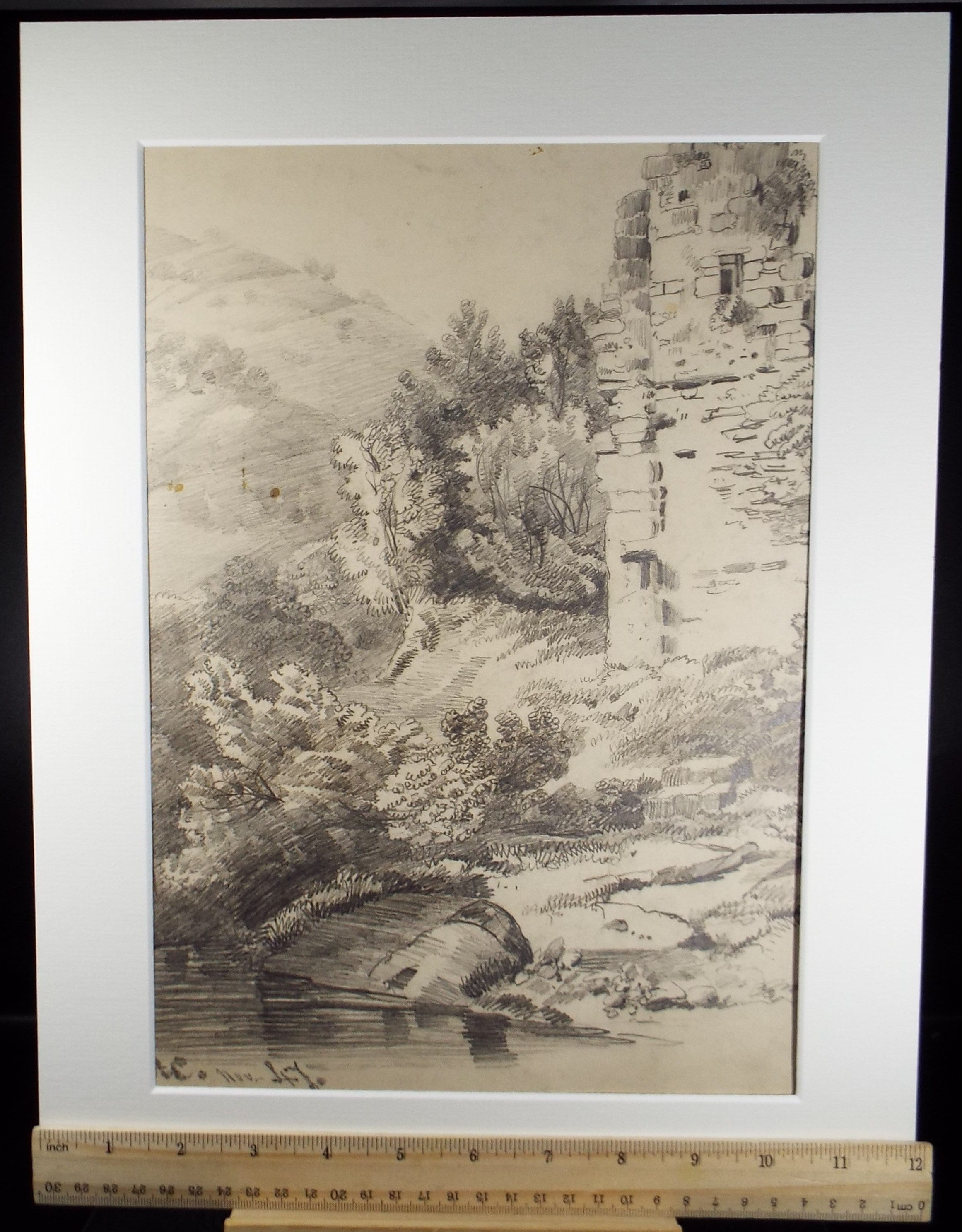 Original Pencil drawing , 'Landscape with Ruin', Dated 1847, artist unknown