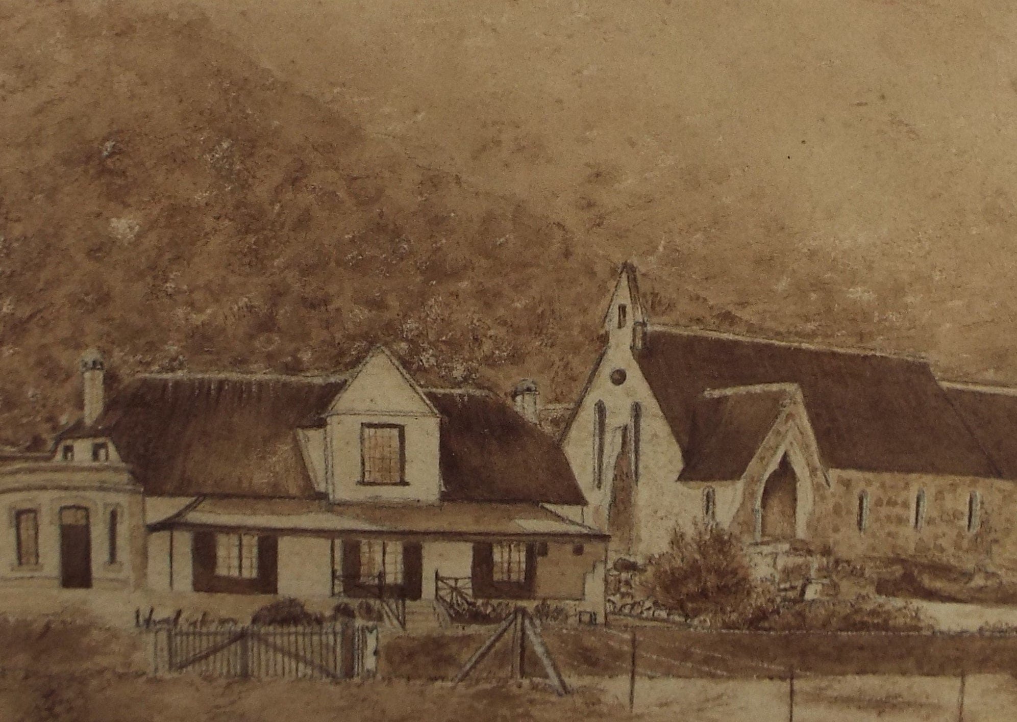 Original Watercolour, Church with House and Porch',Late 19th Century, Artist unknown