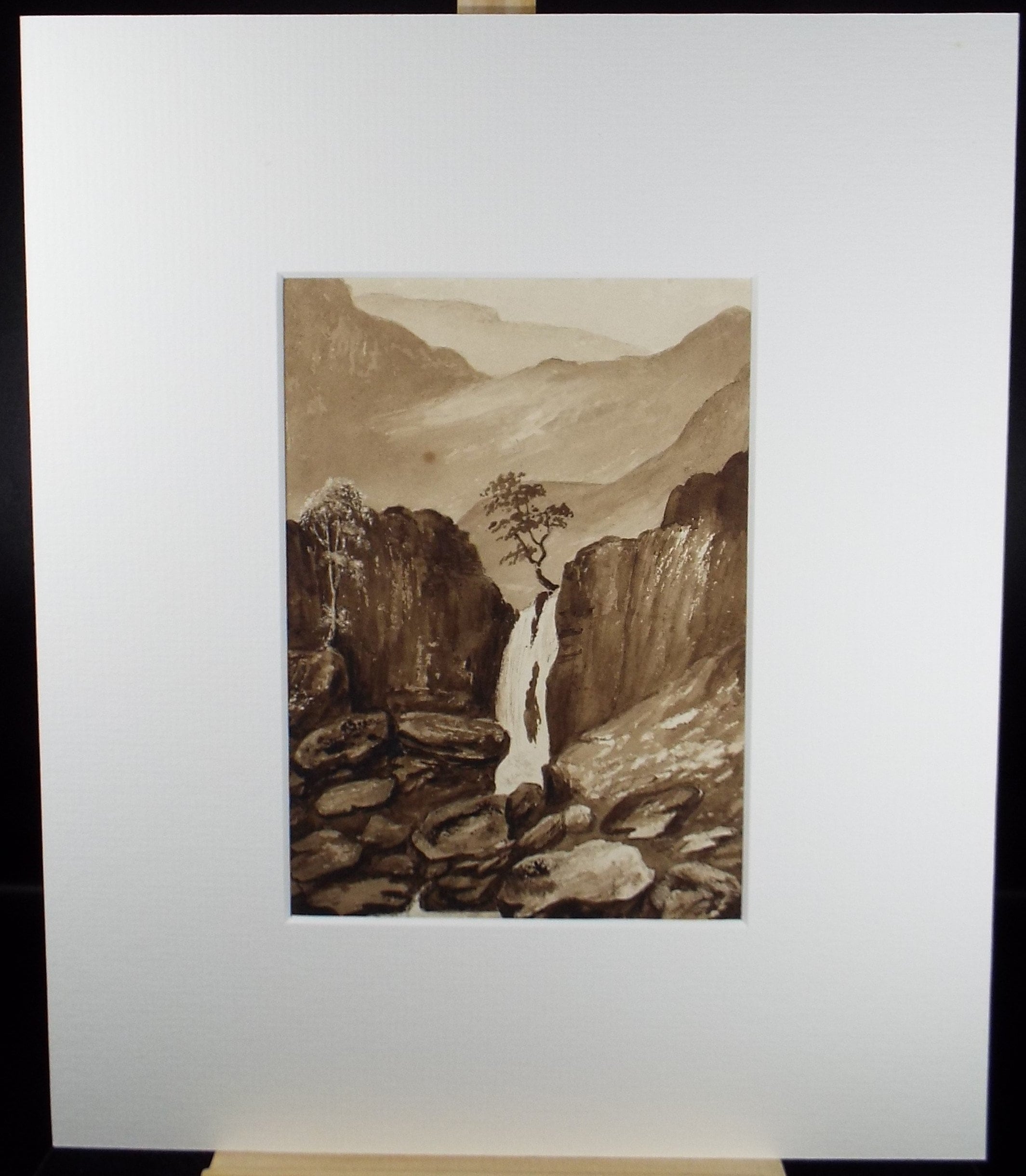 Original Watercolour, 'Waterfall in a Mountain Landscape' Late 19th Century