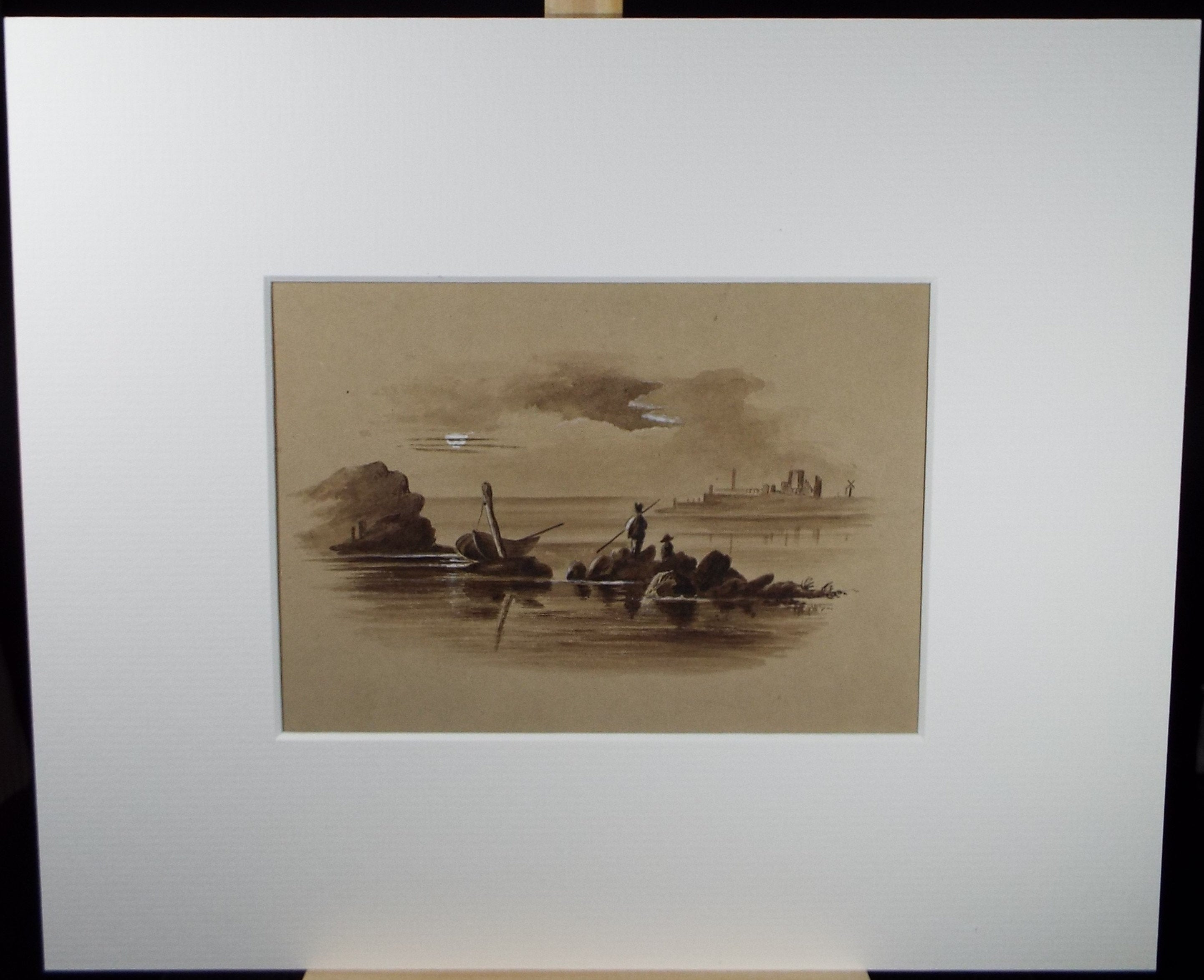 Original Watercolour 'Fishing from the Rocks', Late 19th Century,Artist Unknown