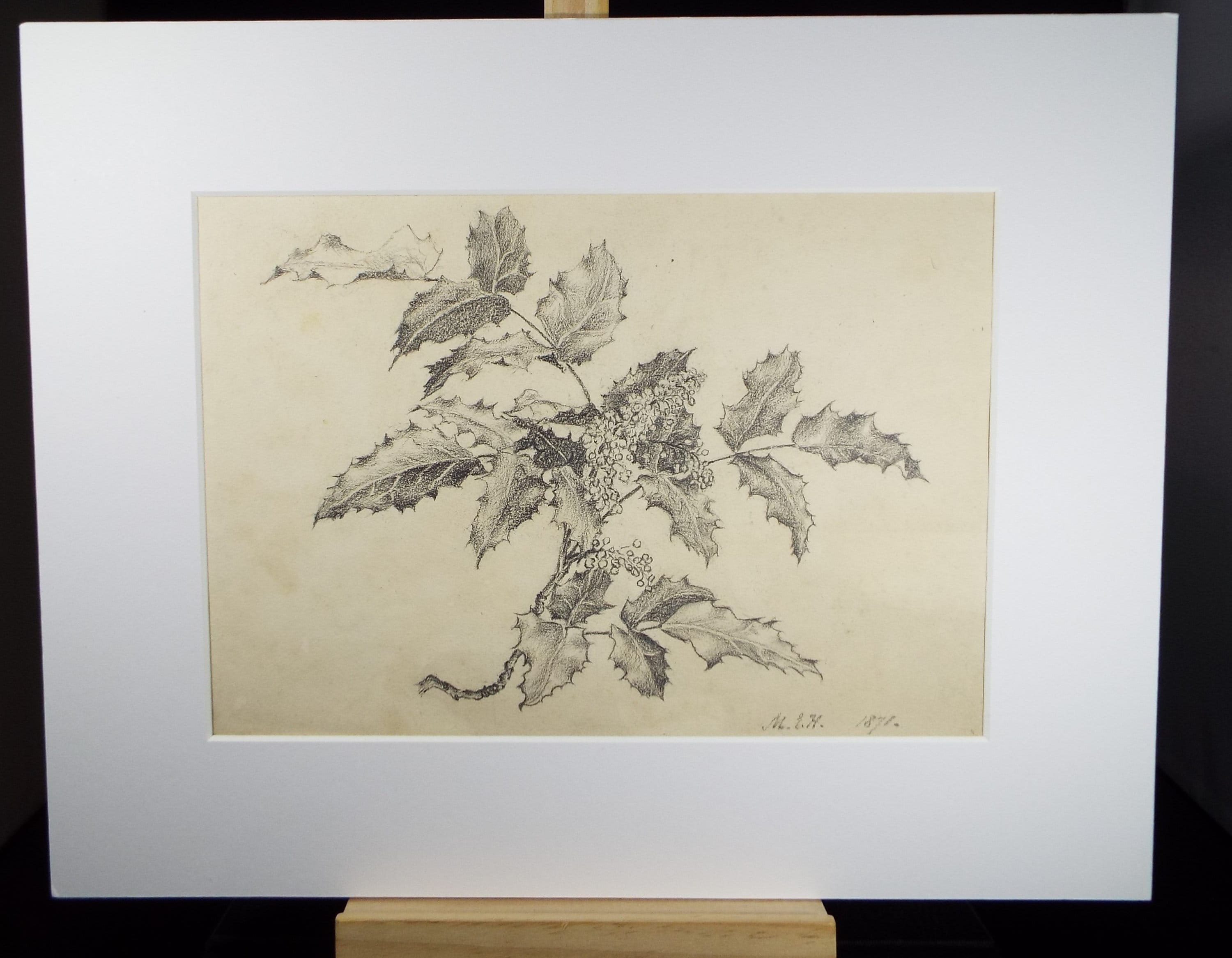 Original Pencil Drawing, 'Holly Study', Dated 1871, Initialled M.E.H