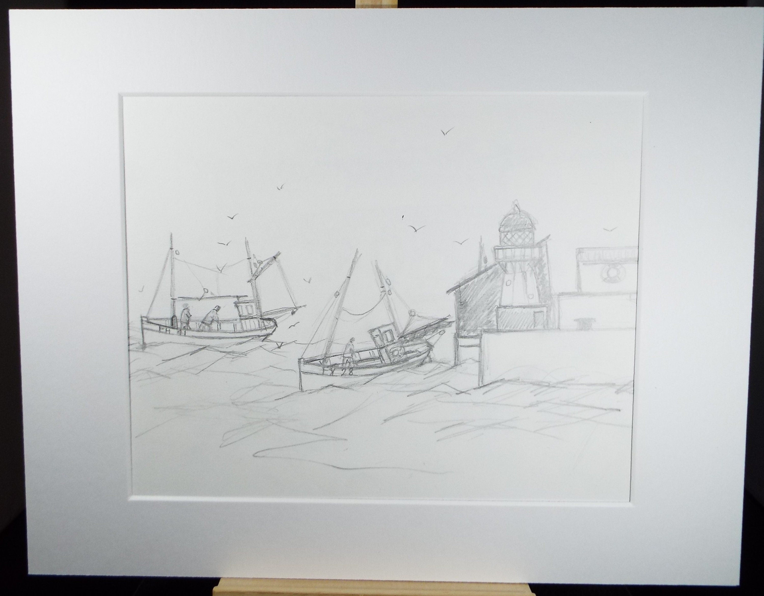 Original Pencil Drawing 'Fishing Boats', c2000, Gordon Couch (20th Century British)