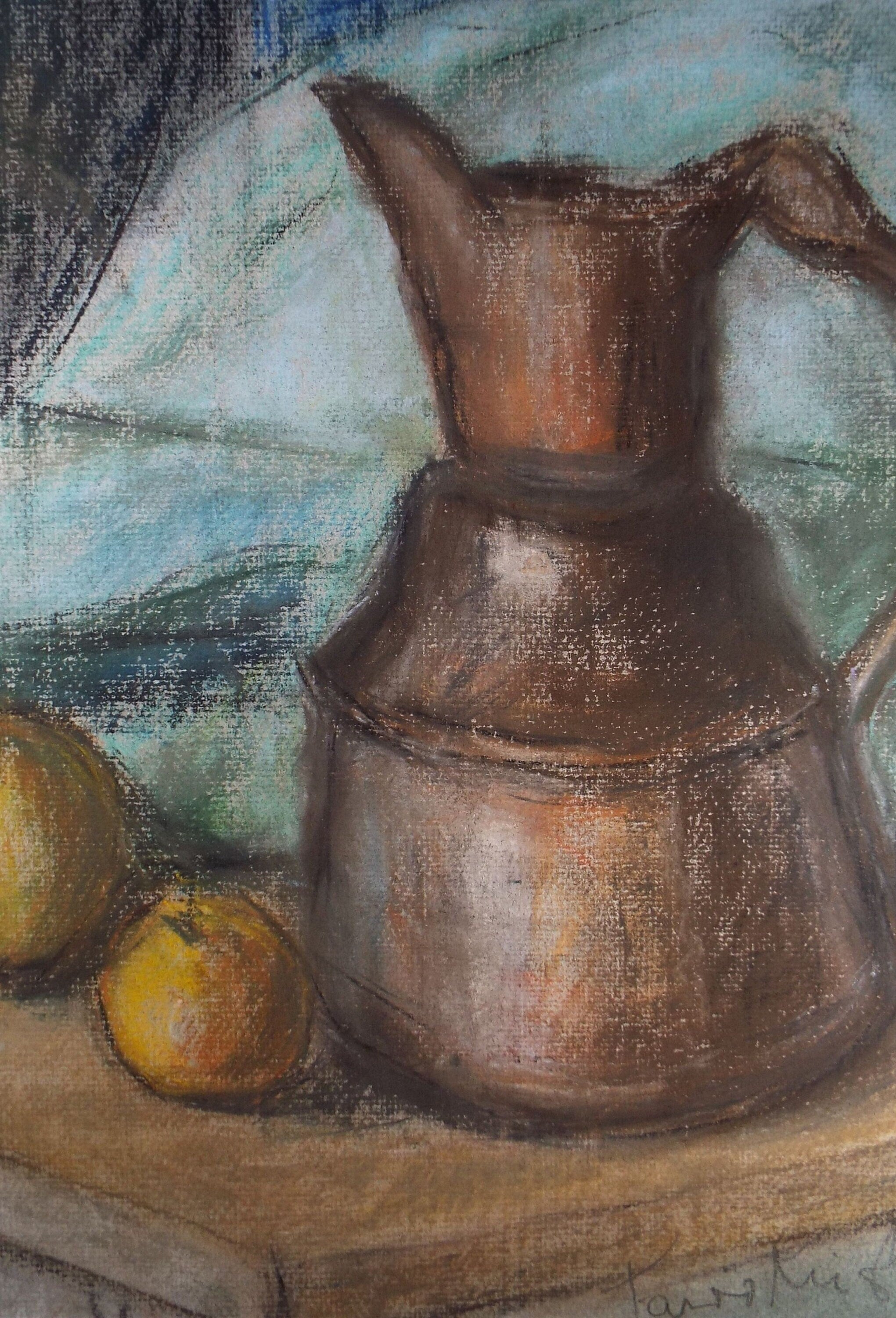 Original Pastel Drawing, 'Still life of jug and fruit', circa 1970's , Paivio Knighton (active 1968-c1986)