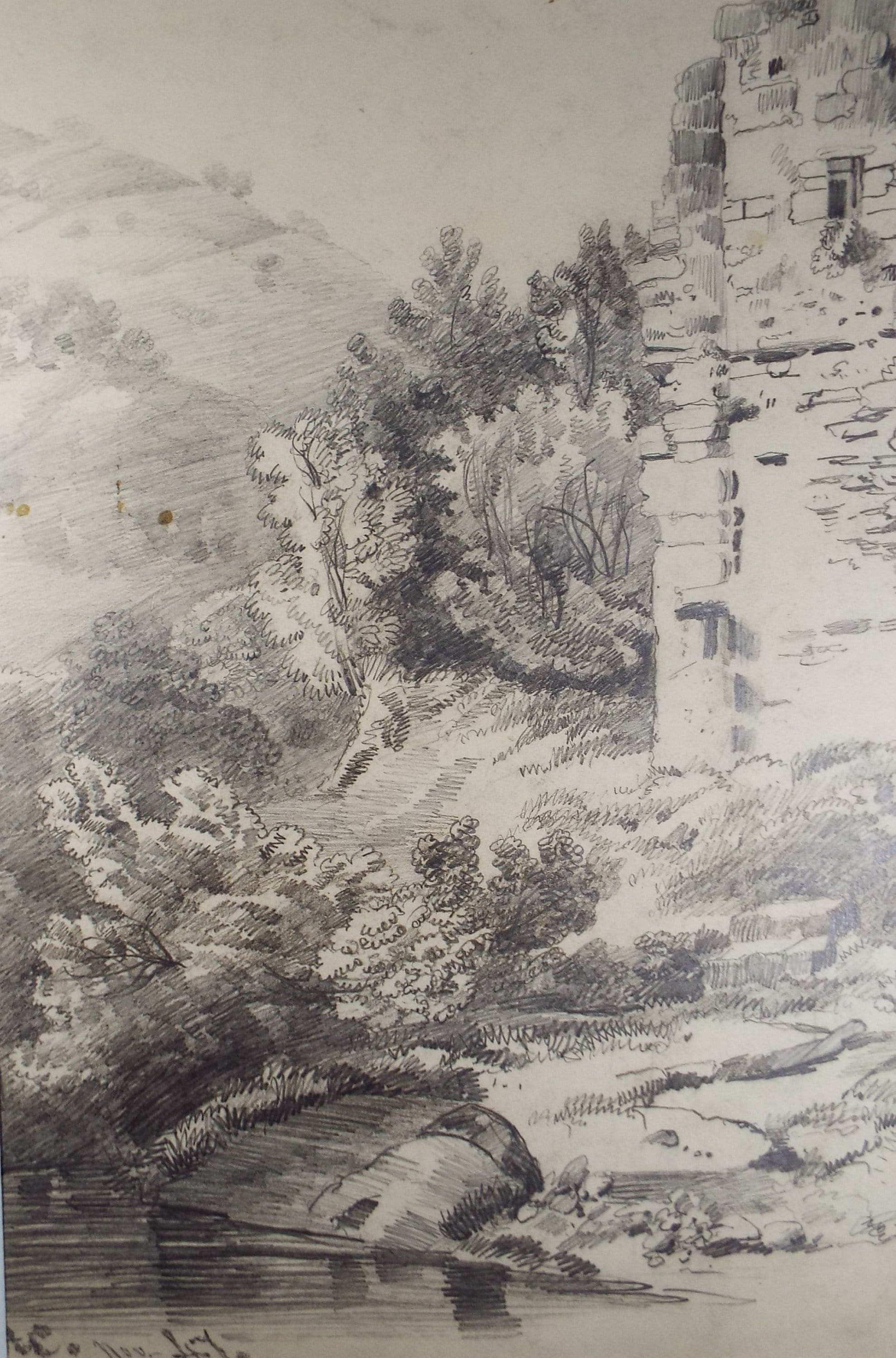 Original Pencil drawing , 'Landscape with Ruin', Dated 1847, artist unknown