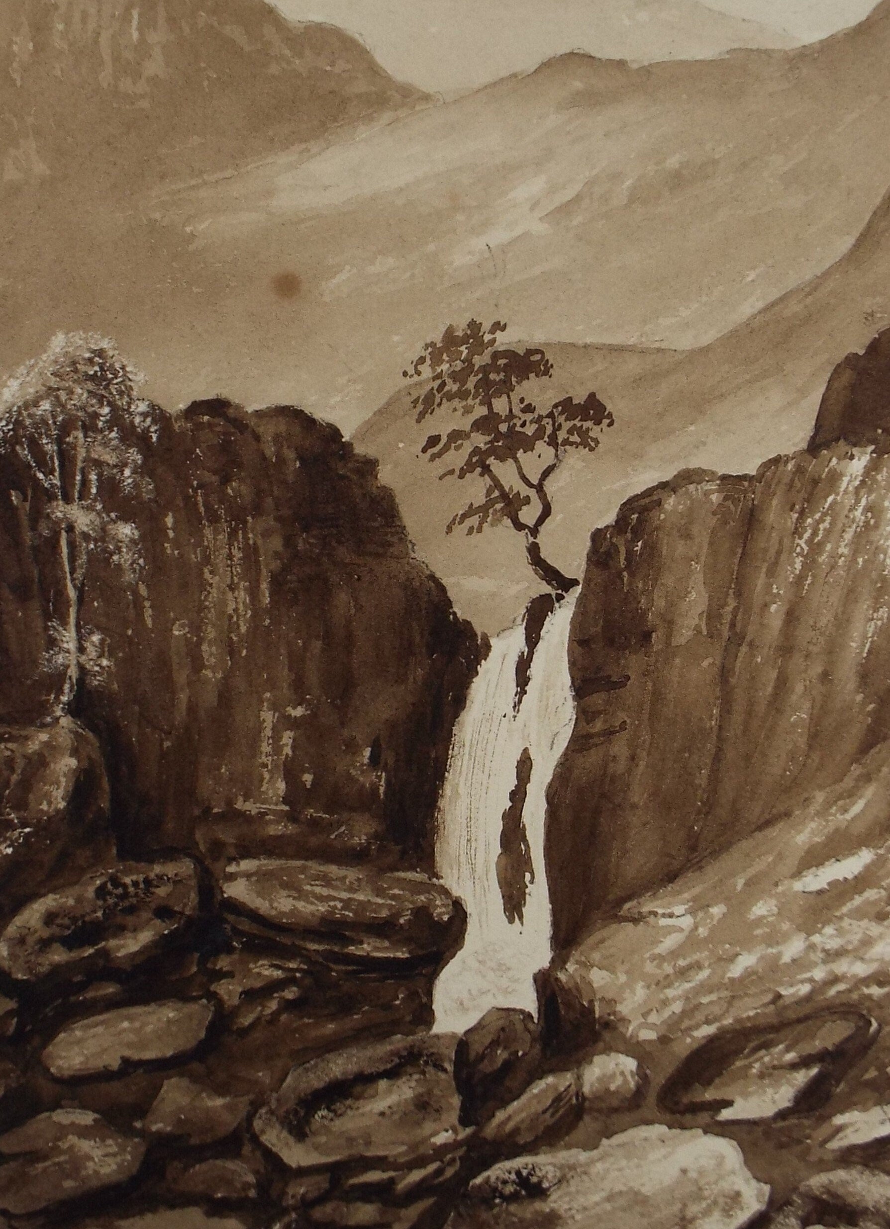 Original Watercolour, 'Waterfall in a Mountain Landscape' Late 19th Century