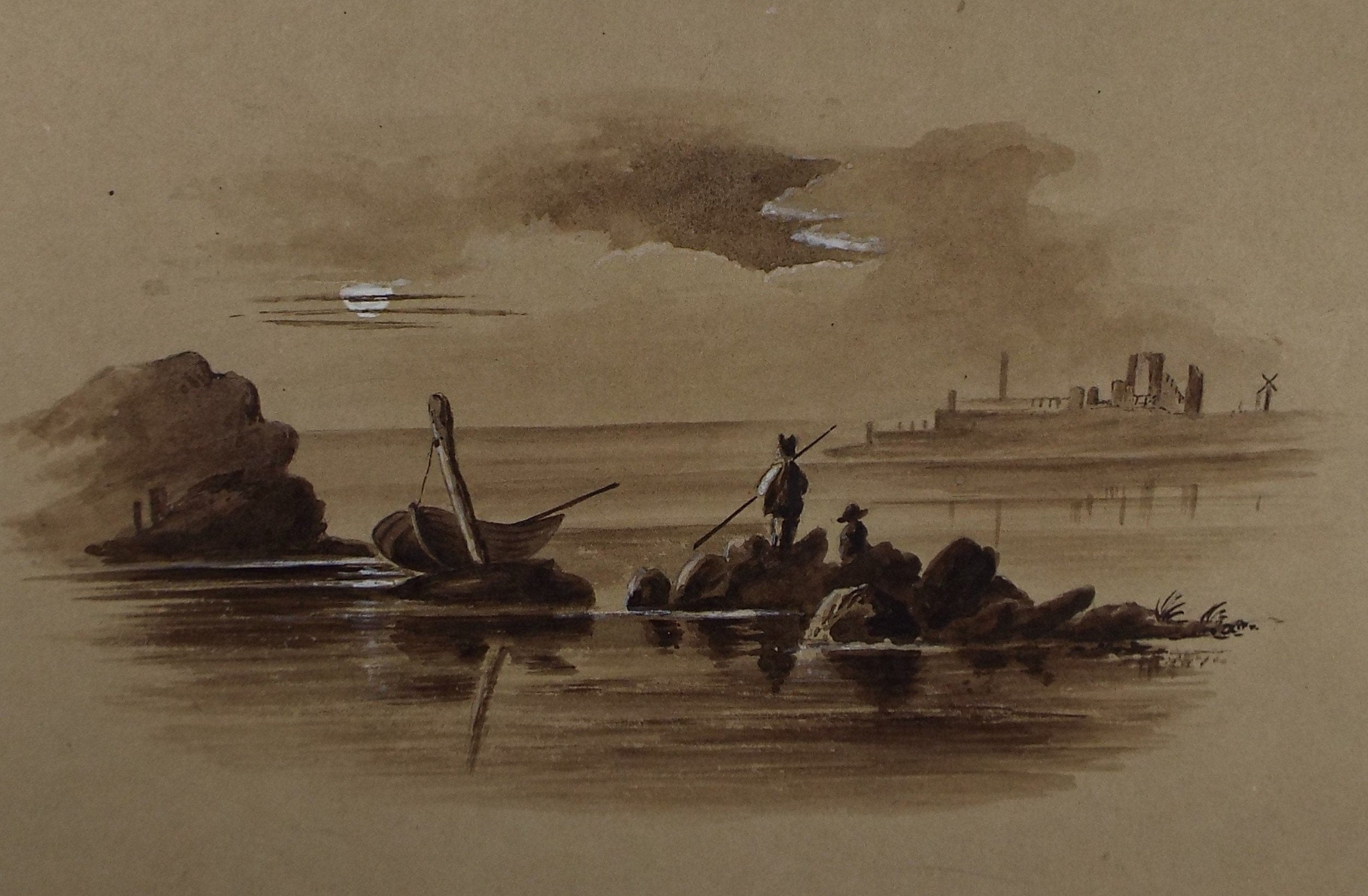 Original Watercolour 'Fishing from the Rocks', Late 19th Century,Artist Unknown