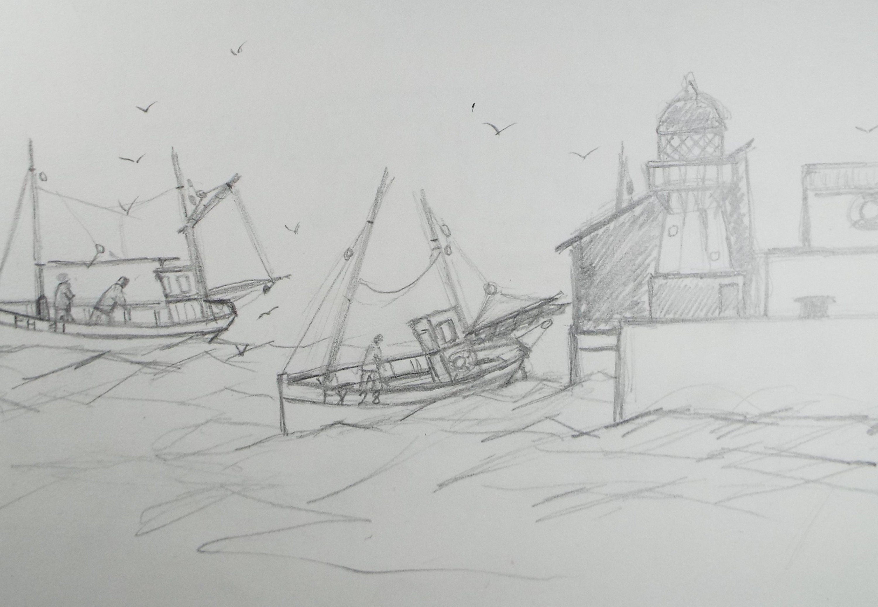 Original Pencil Drawing 'Fishing Boats', c2000, Gordon Couch (20th Century British)