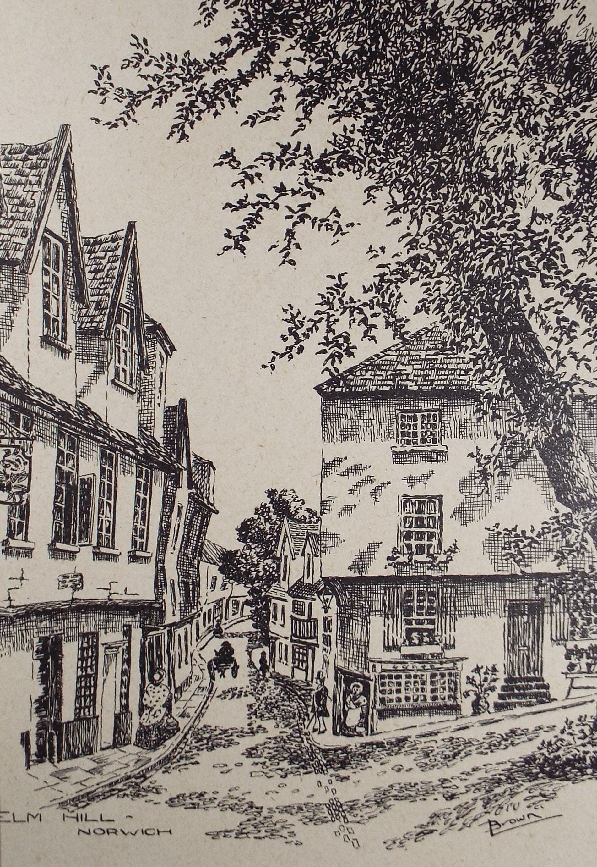 Original Pen & ink, 'Elm Hill, Norwich', Early 20th Century, Artist Unknown