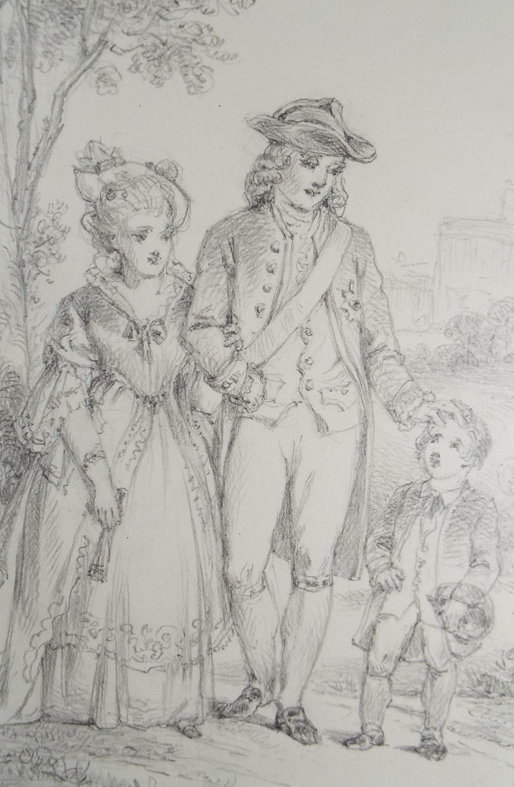 Original Pencil Drawing, 'Parents with Child', John Wood (1801-1870)