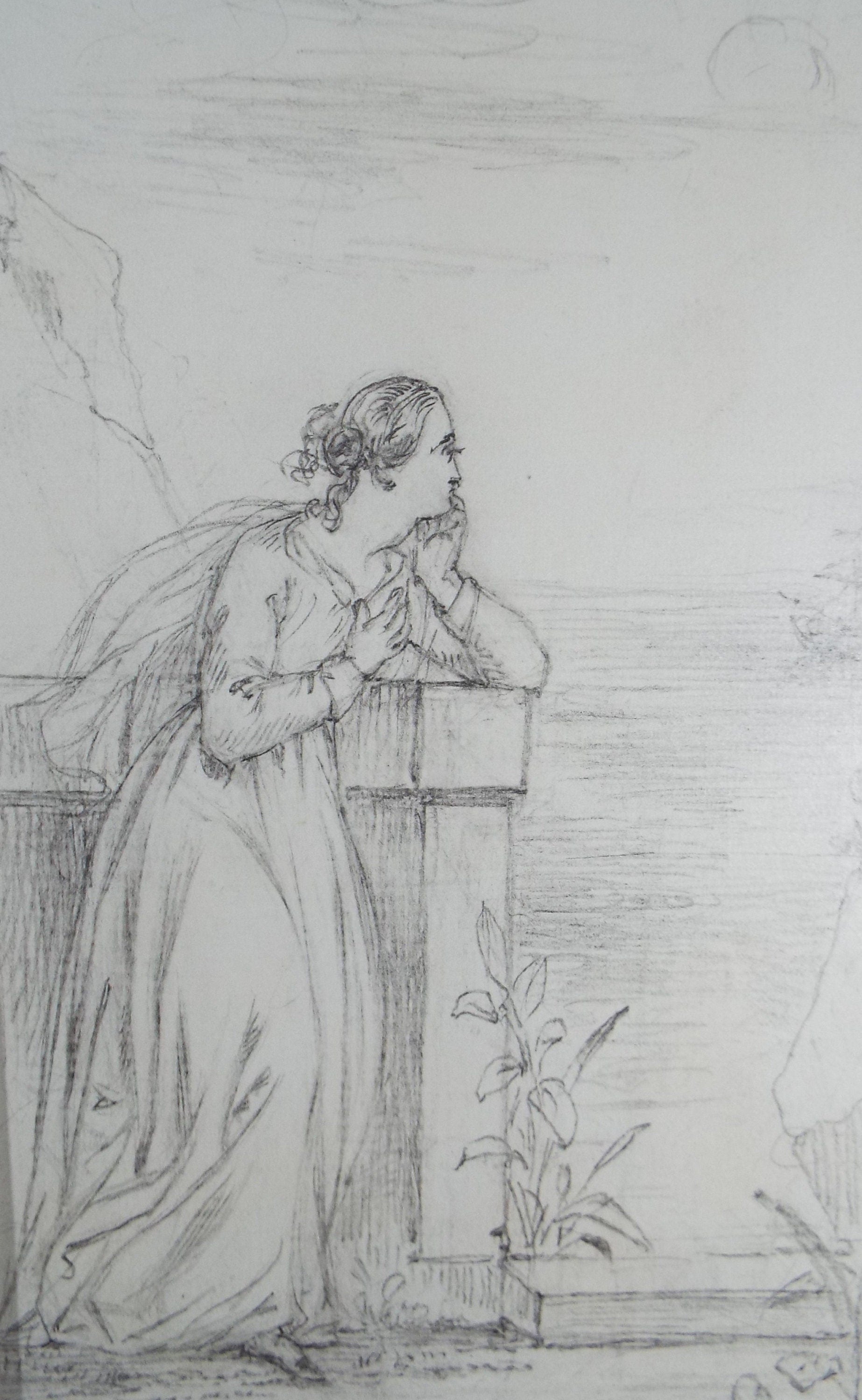 Original Pencil Drawing, 'Pining for her Sweetheart', John Wood (1801-1870)