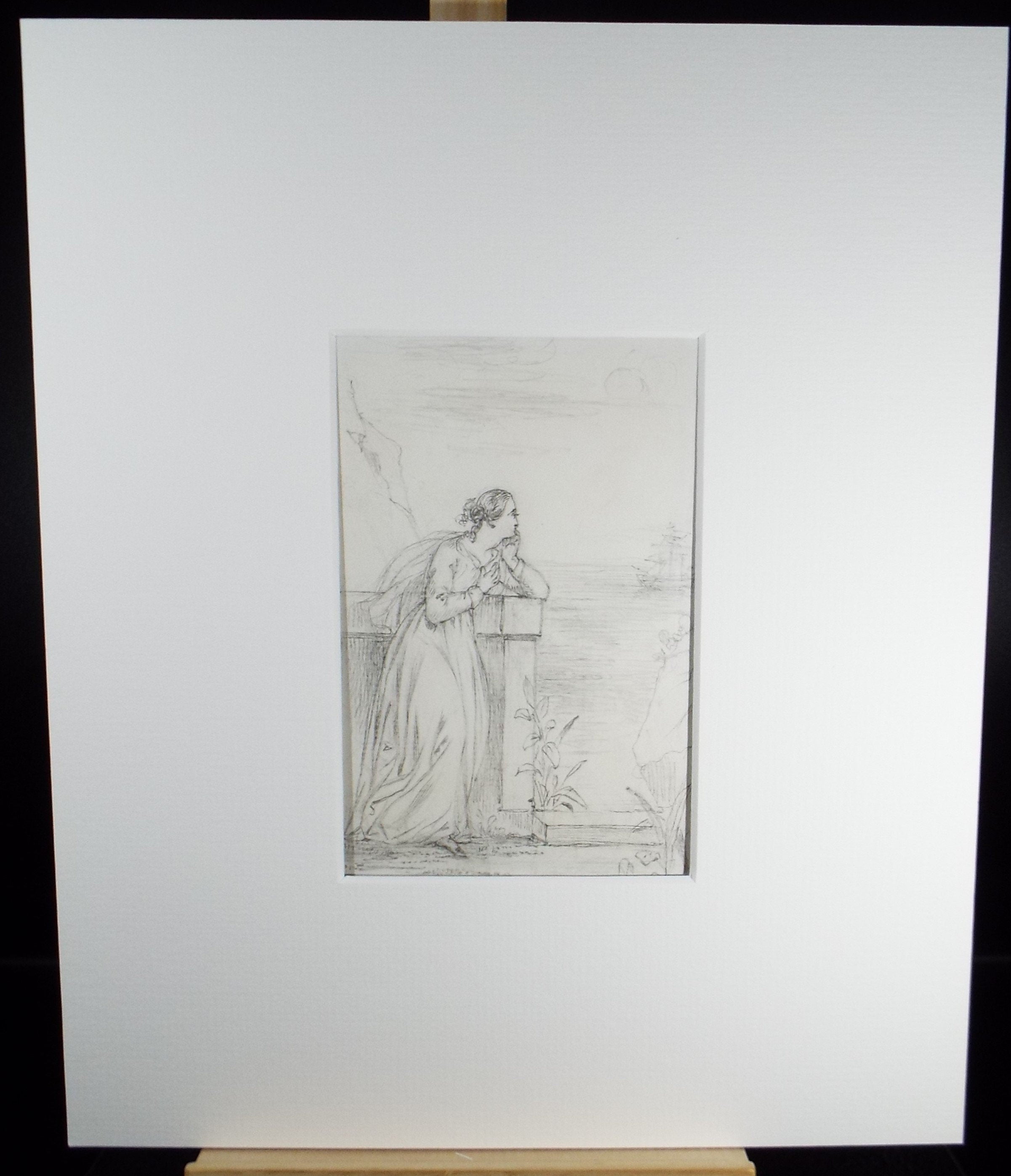 Original Pencil Drawing, 'Pining for her Sweetheart', John Wood (1801-1870)