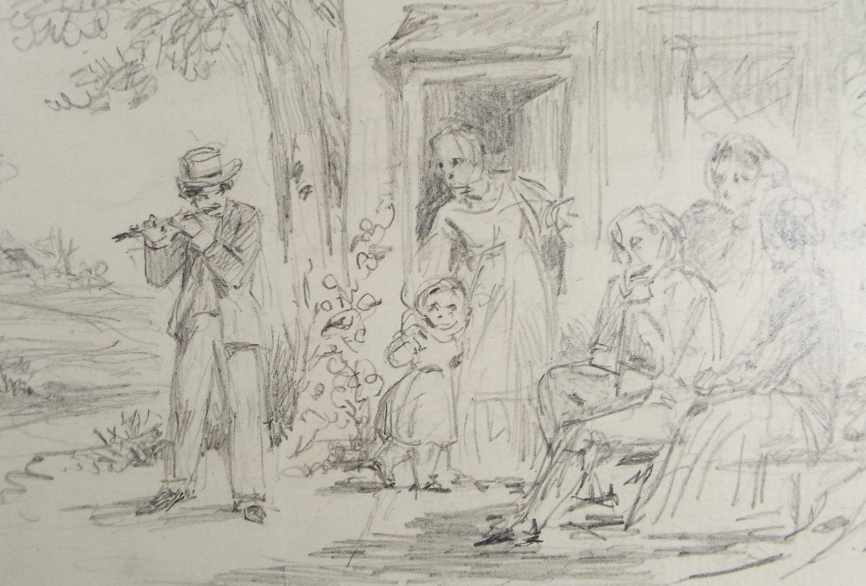 Original Pencil Drawing, 'The Cottage Recital', John Wood (1801-1870)