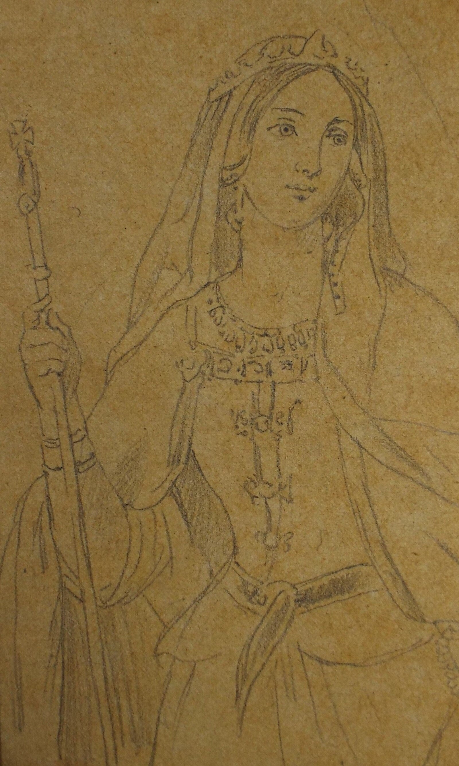 Original pencil Drawing, 'Medieval Queen', John Wood (1801-1870)