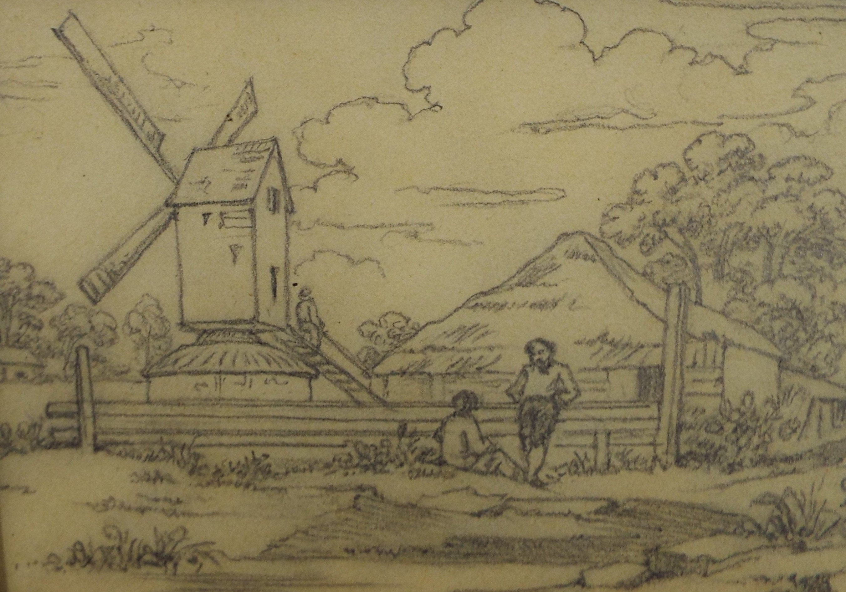 Original Pencil Drawing, 'Figures by a Windmill', John Wood (1801-1870)