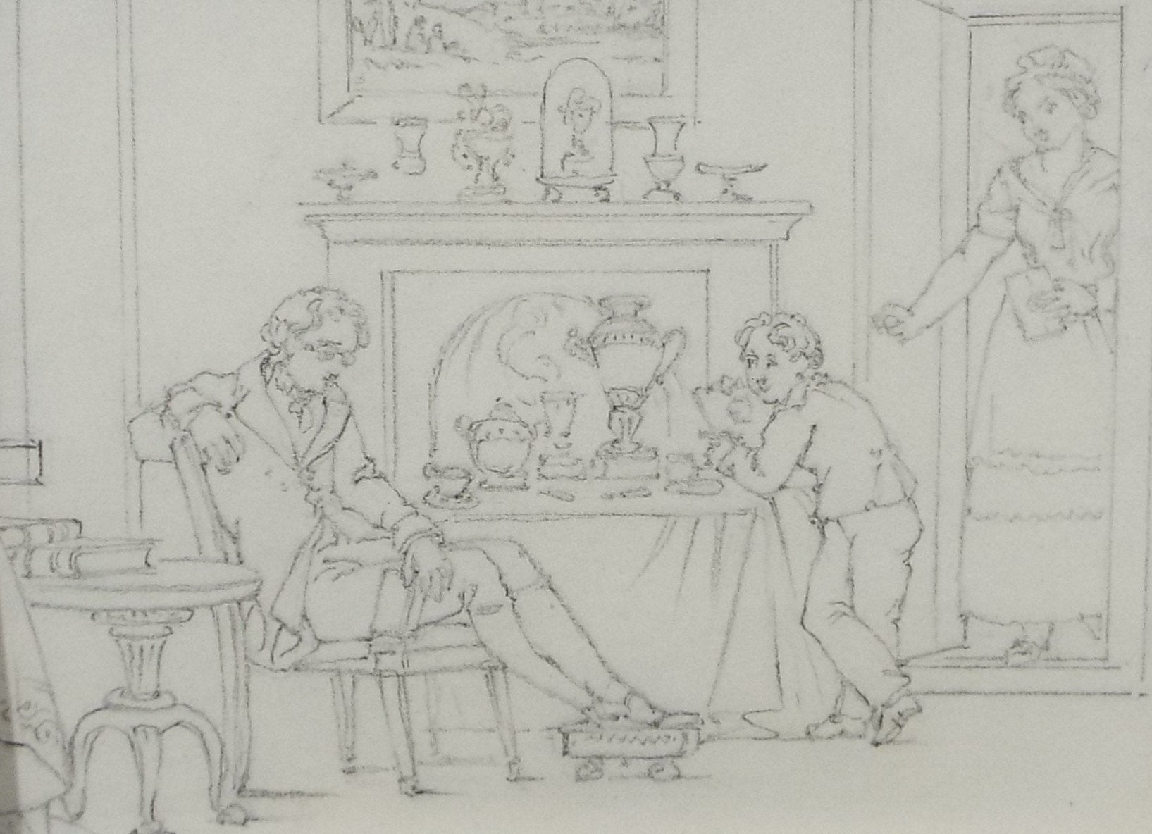 Original Pencil Drawing,'In the parlour', John Wood (1801-1870)