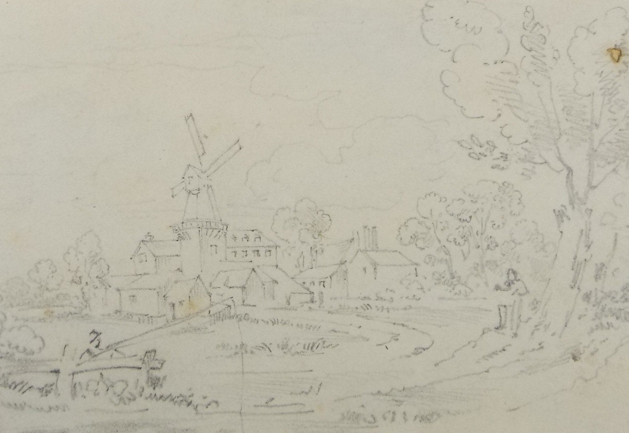 Original Pencil Drawing,'Village with Windmill, John Wood (1801-1870)