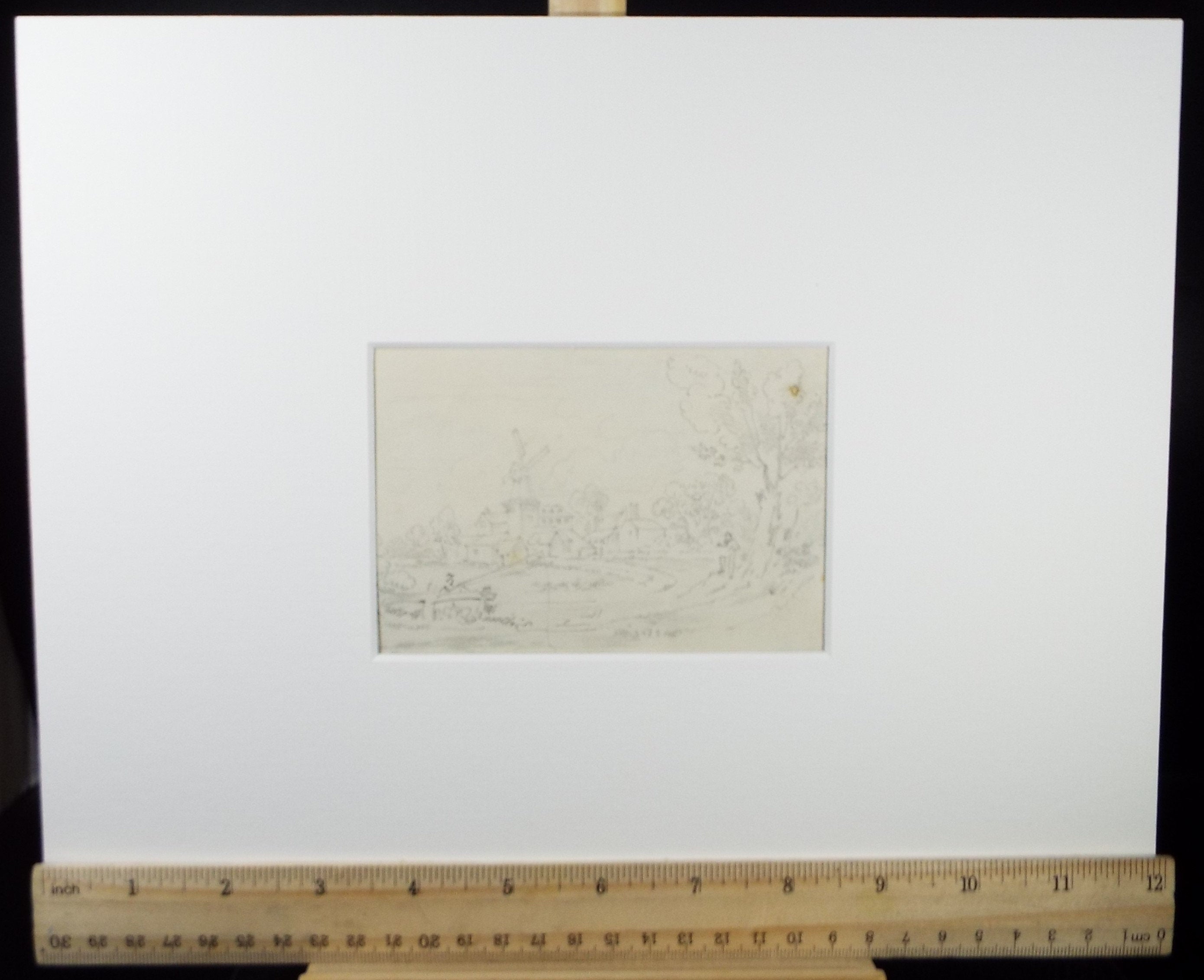 Original Pencil Drawing,'Village with Windmill, John Wood (1801-1870)