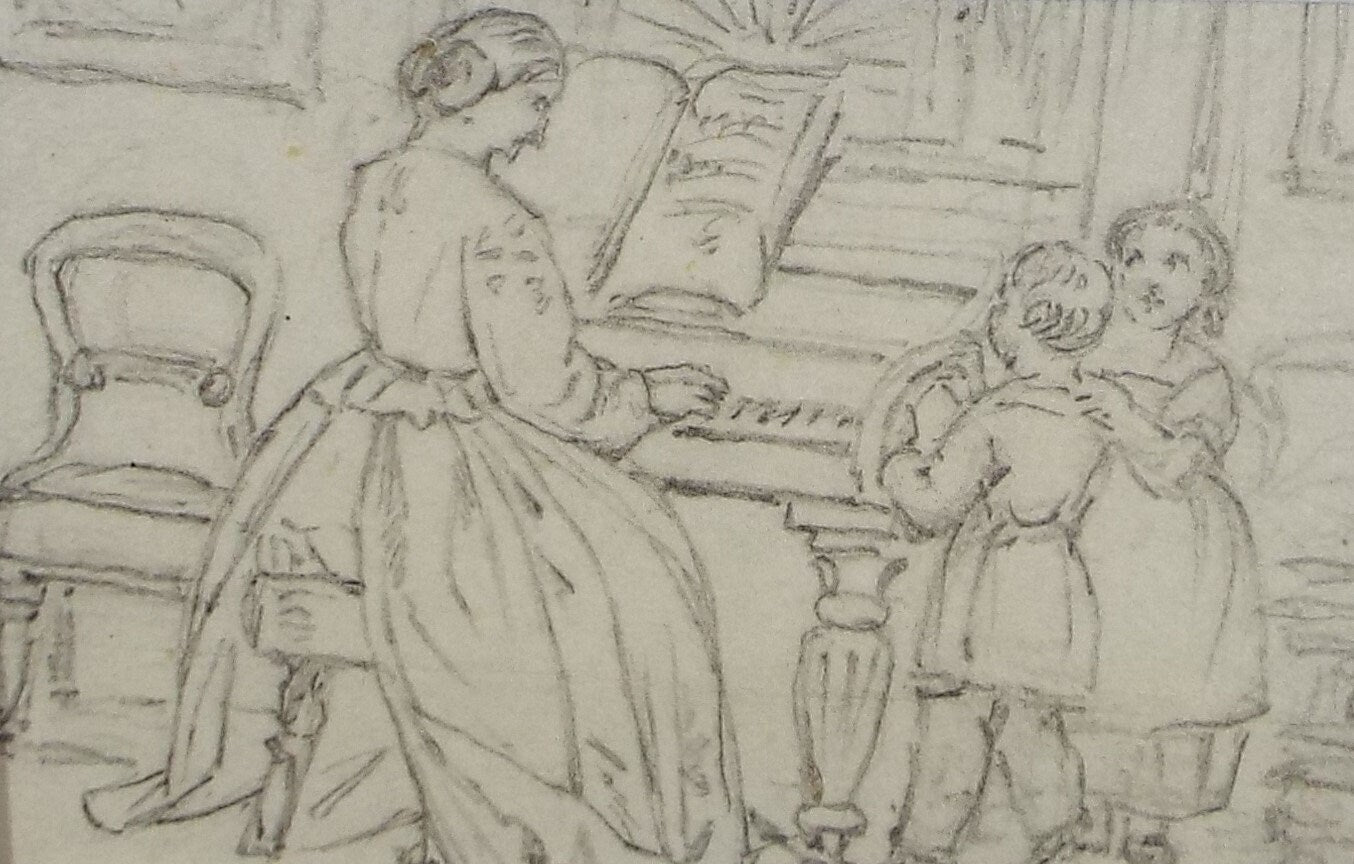 Original Pencil Drawing,'The Piano Lesson', John Wood (1801-1870)