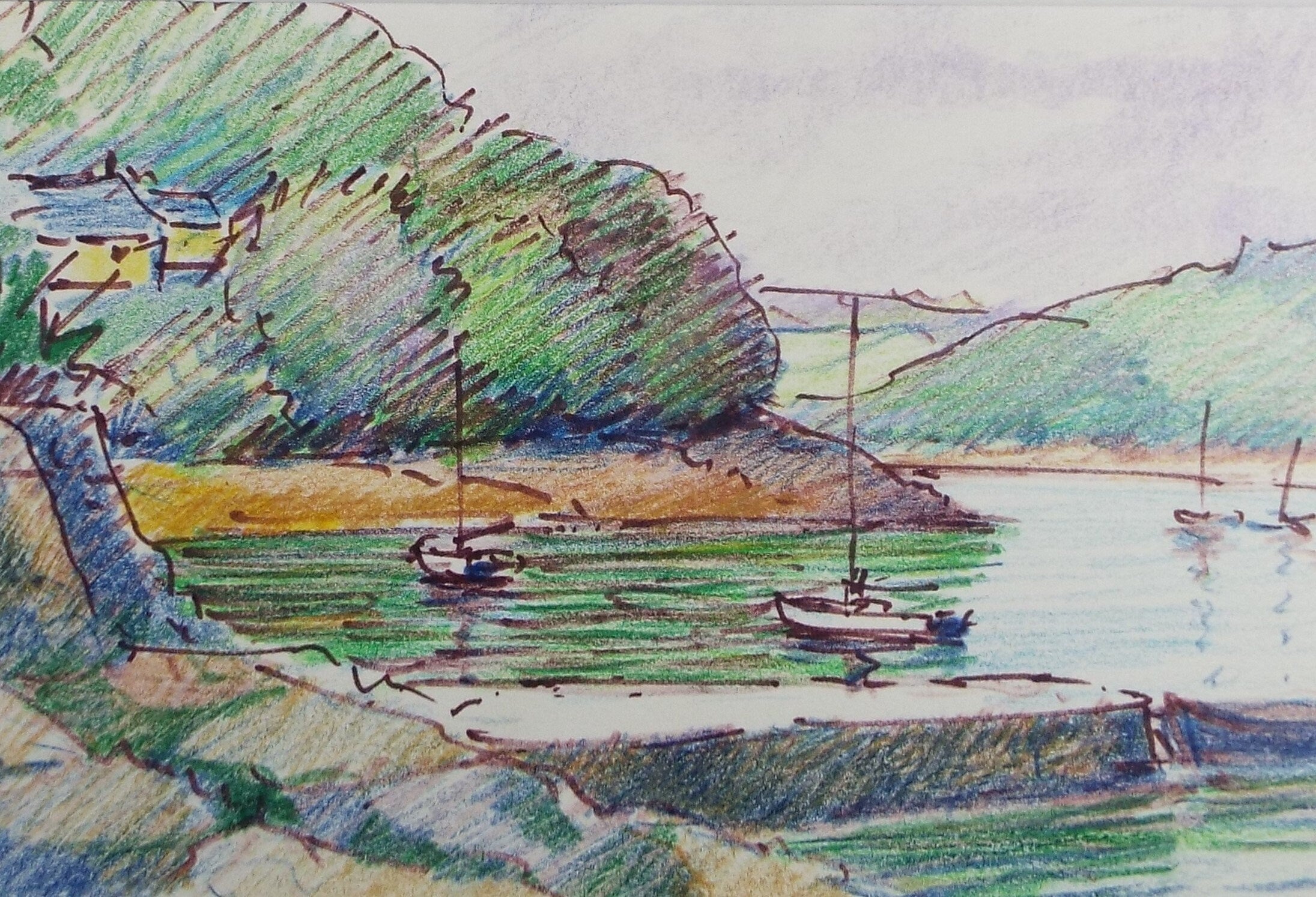 Original Pencil Drawing ,'River Estuary, Early Morning', Circa 1980's, Artist Unknown